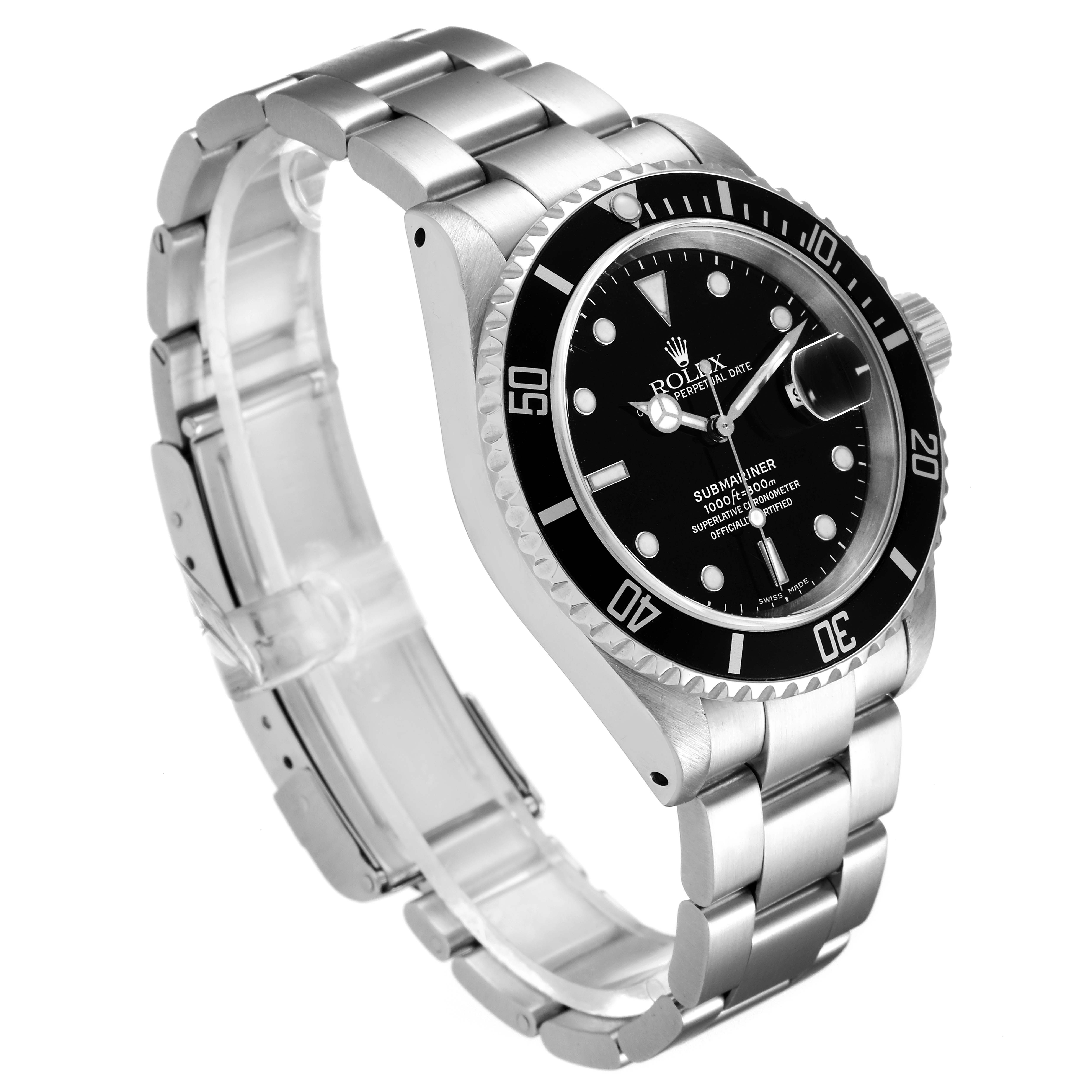 The image displays a Rolex Submariner 16610 Men
s Stainless Steel Black Dial 16610 Men
s Stainless Steel Black Dial model watch at a front-side angle, showing the dial, bezel, bracelet, and clasp.