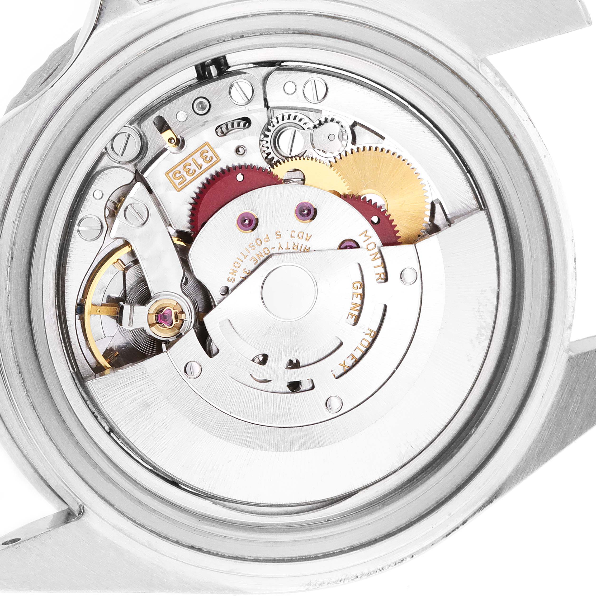 The image shows the internal mechanism of the Rolex Submariner 16610 Men
s Stainless Steel Black Dial 16610 Men
s Stainless Steel Black Dial watch, viewed from the back with the case opened.