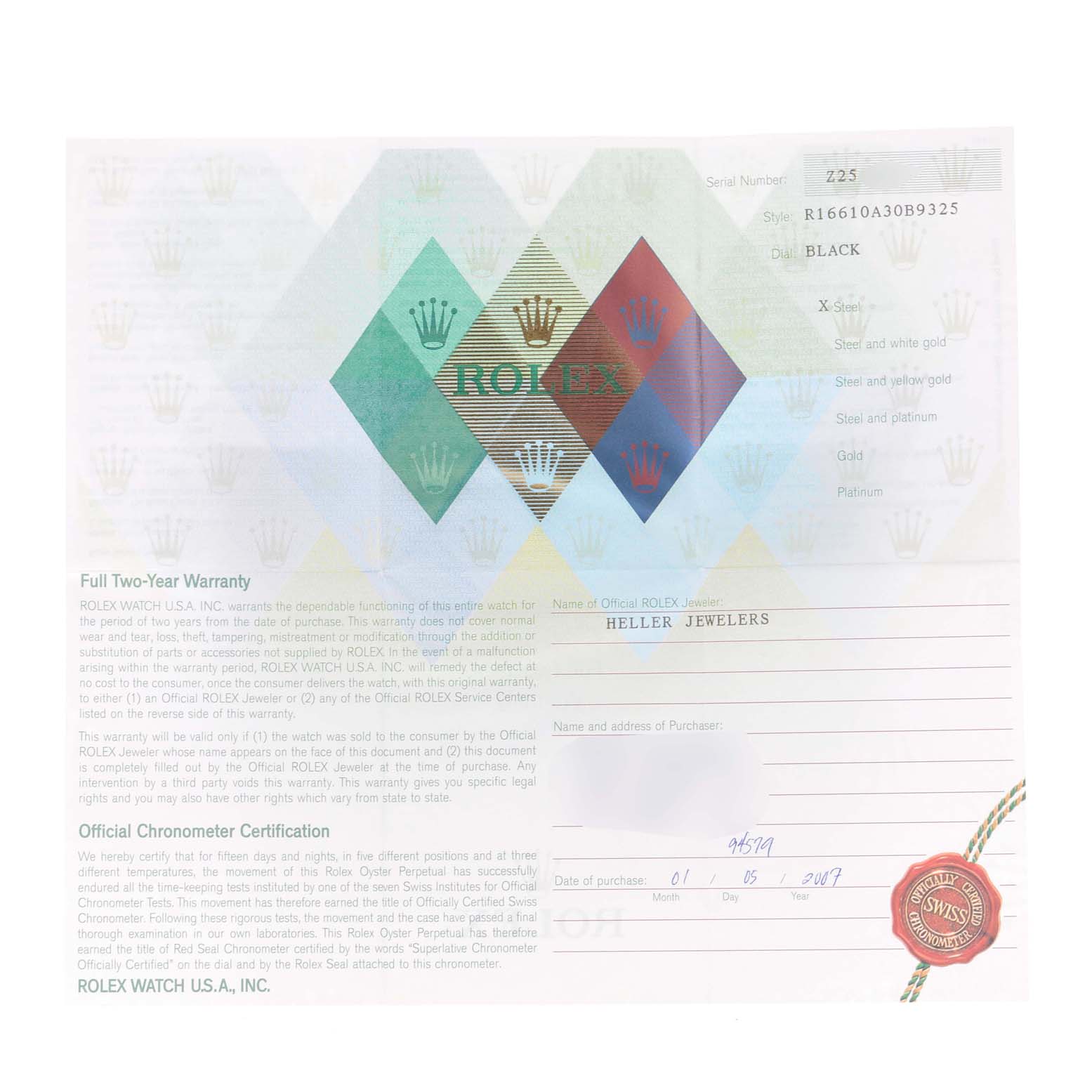 This image shows the warranty and certification paperwork for a Rolex Submariner 16610 Men
s Stainless Steel Black Dial 16610 Men
s Stainless Steel Black Dial watch.