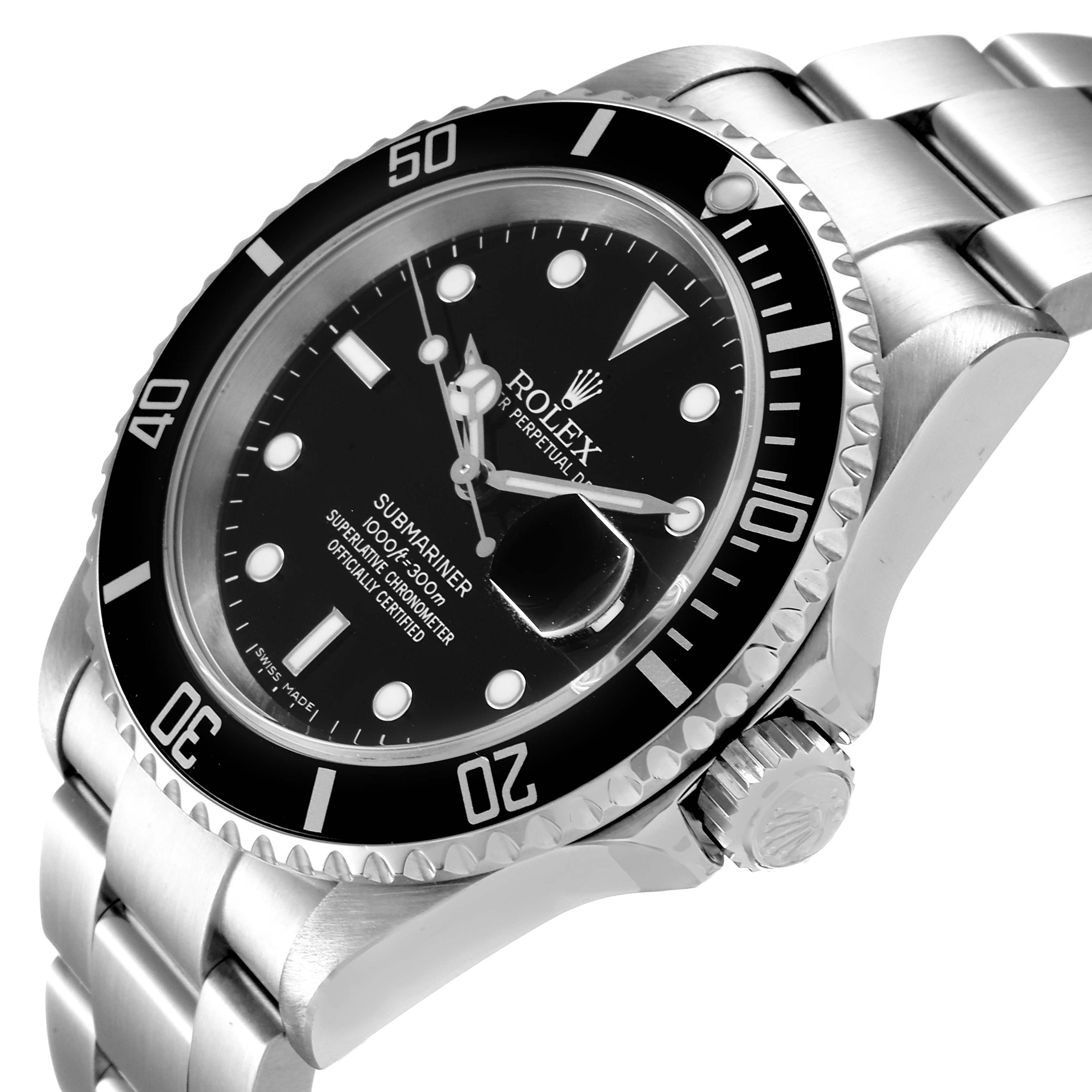 This image shows a close-up angle of the Rolex Submariner 16610 Men
s Stainless Steel Black Dial 16610 Men
s Stainless Steel Black Dial, focusing on the dial, bezel, and part of the bracelet.