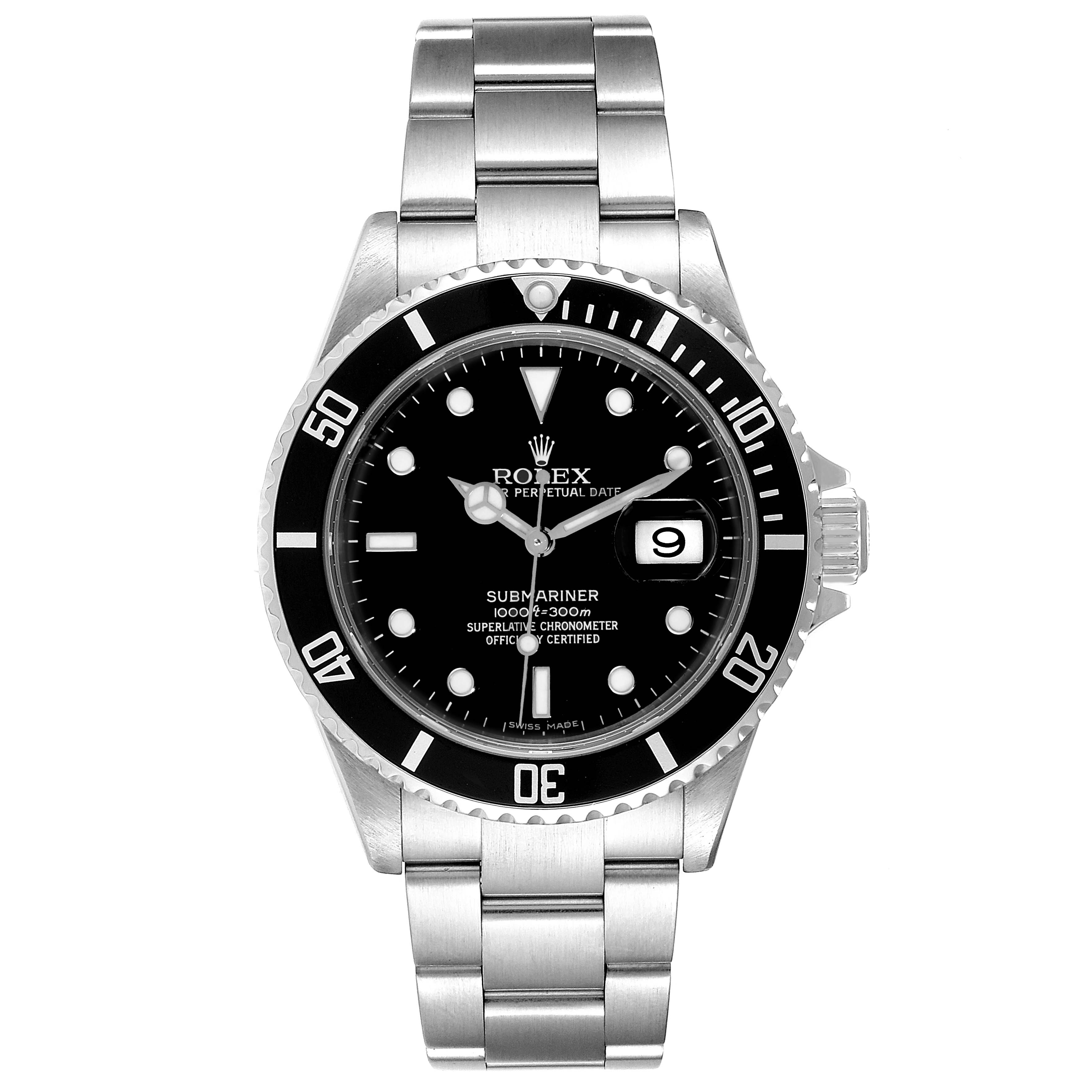 The image shows a front view of a Rolex Submariner 16610 Men
s Stainless Steel Black Dial 16610 Men
s Stainless Steel Black Dial watch, displaying the dial, bezel, and bracelet.