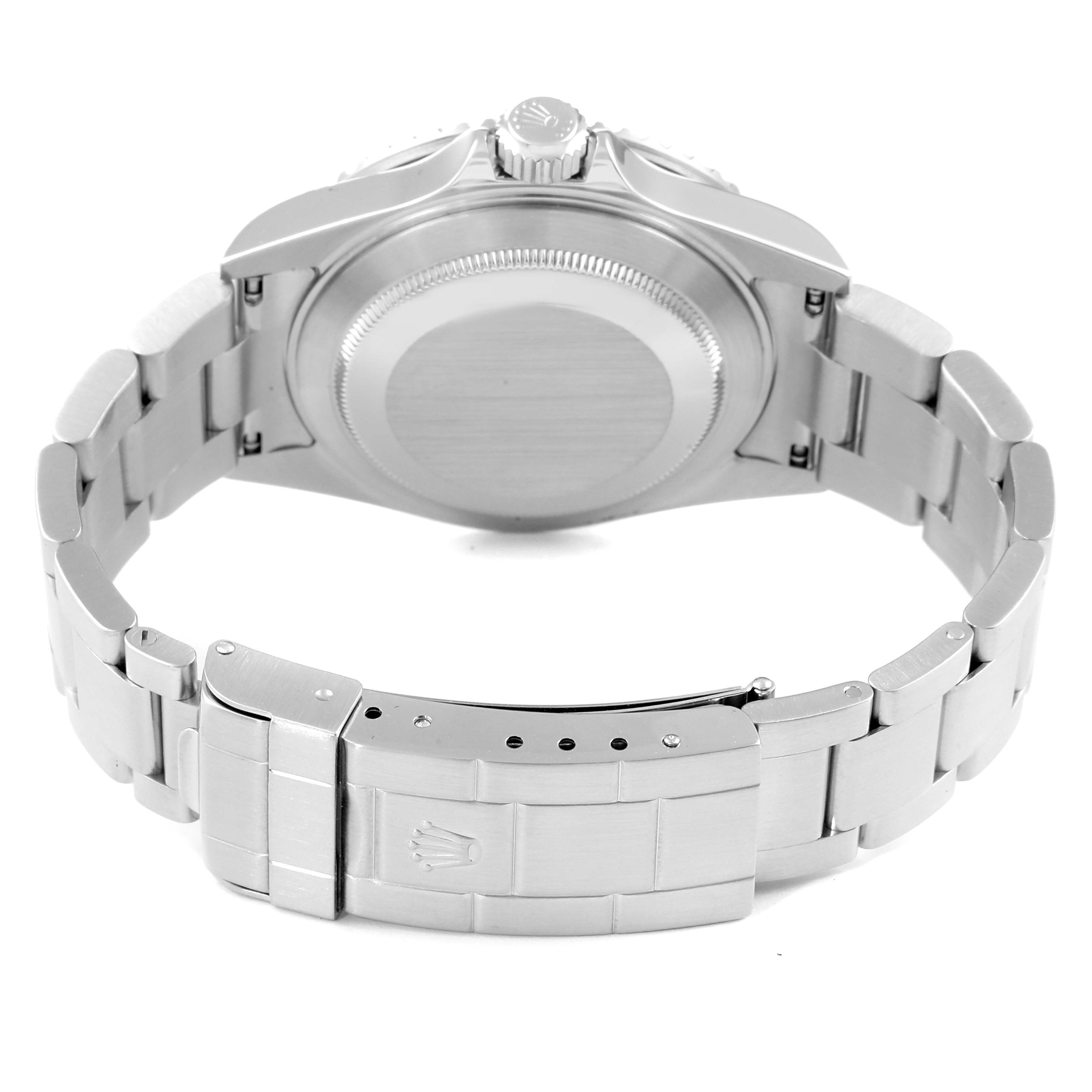 This image shows the back and bracelet clasp of a Submariner model by Rolex from a rear angle.