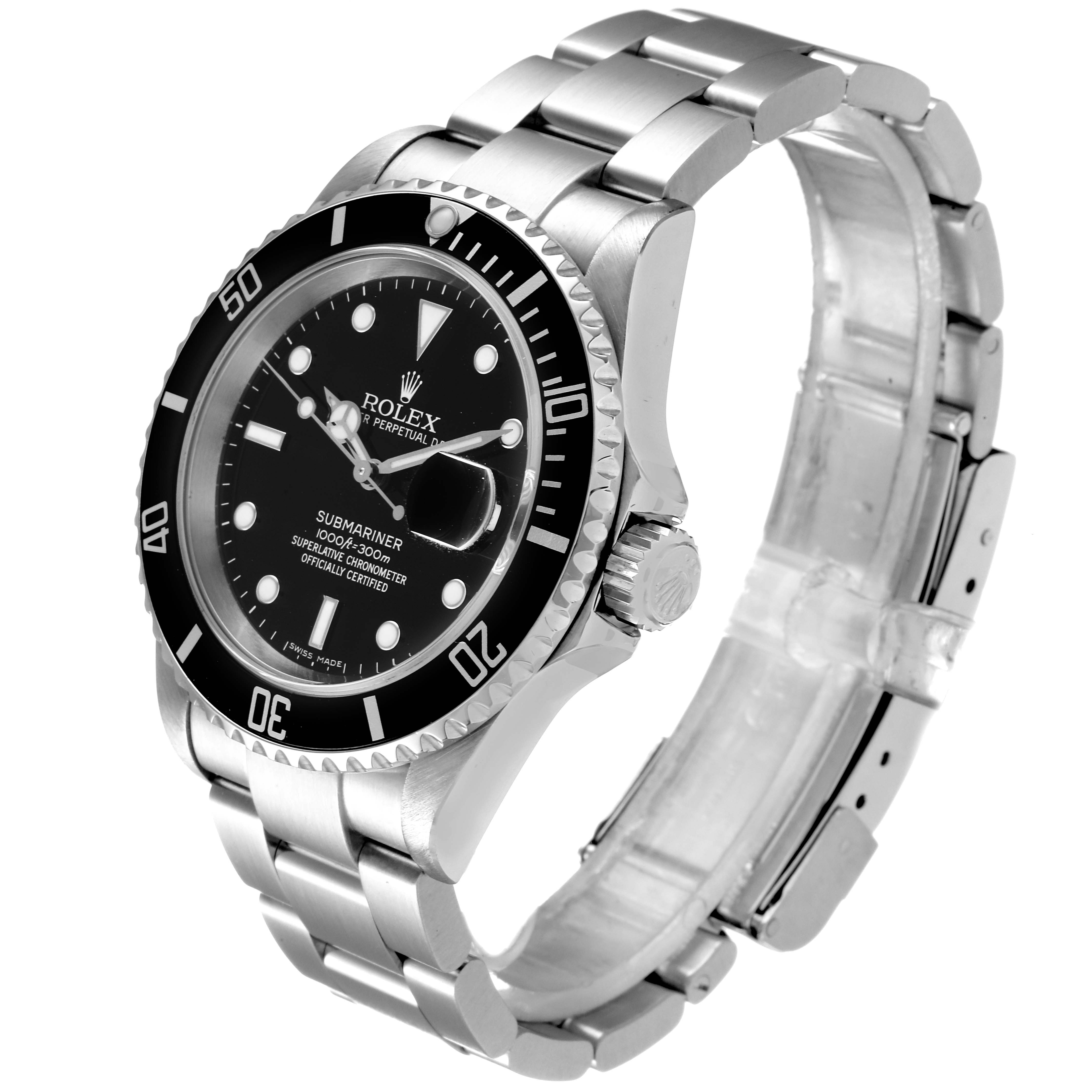 This image shows a Rolex Submariner 16610 Men
s Stainless Steel Black Dial 16610 Men
s Stainless Steel Black Dial watch from a slightly tilted angle, displaying the face, bezel, crown, and bracelet.