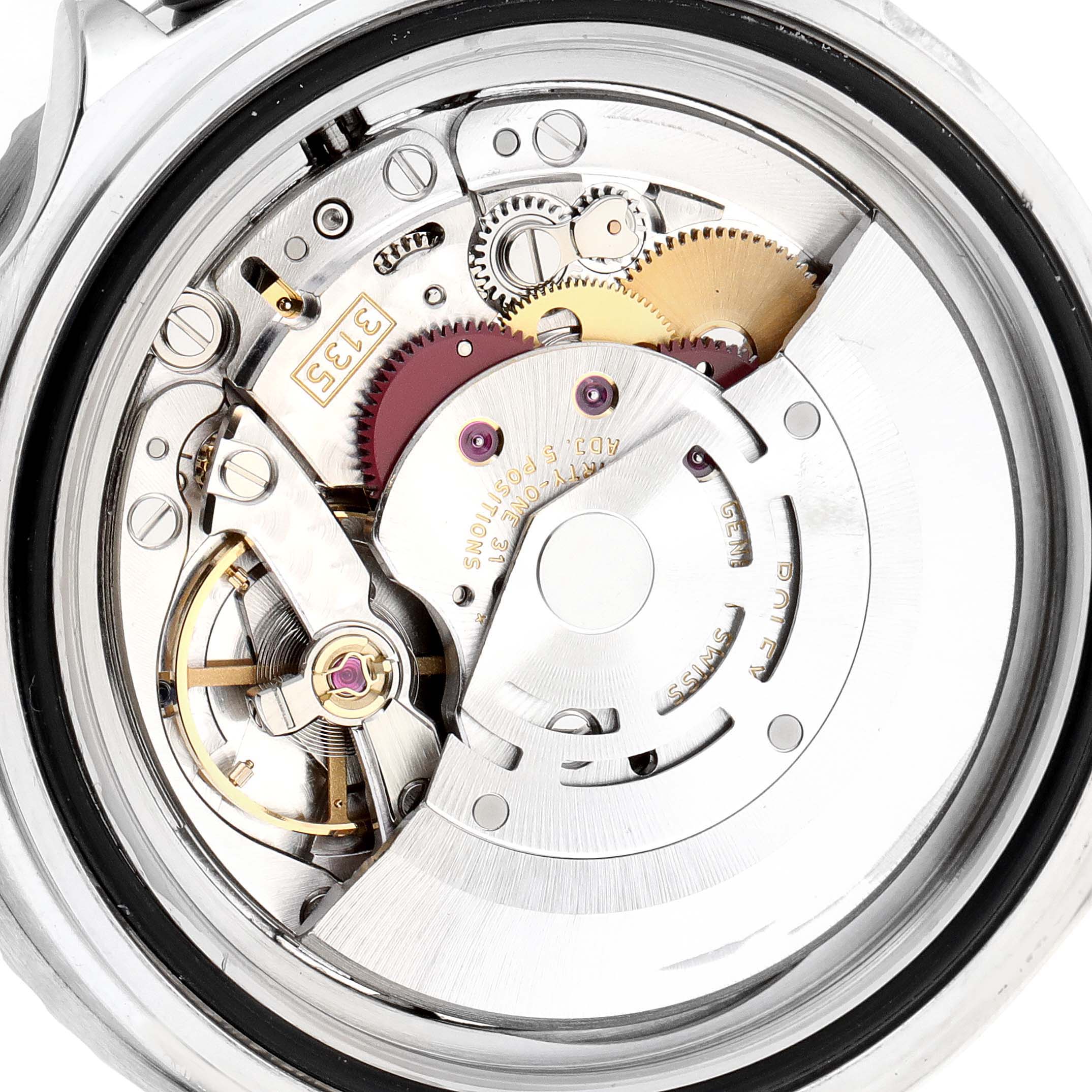 This image shows a close-up view of the movement and internal mechanical parts of a Rolex Submariner 16610 Men
s Stainless Steel Black Dial 16610 Men
s Stainless Steel Black Dial watch.