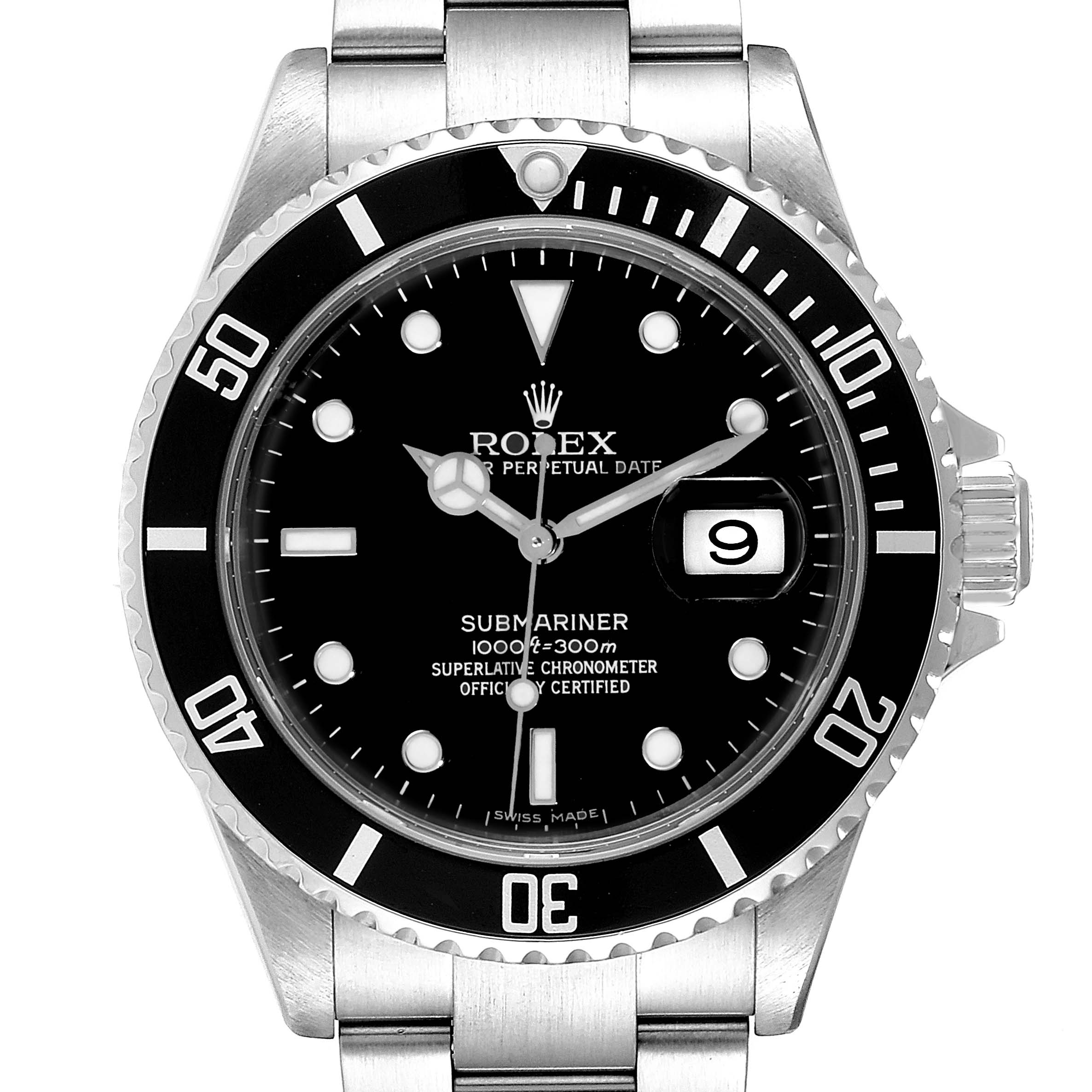 This image shows a front view of the Rolex Submariner 16610 Men
s Stainless Steel Black Dial 16610 Men
s Stainless Steel Black Dial, highlighting the bezel, dial, hands, and bracelet.