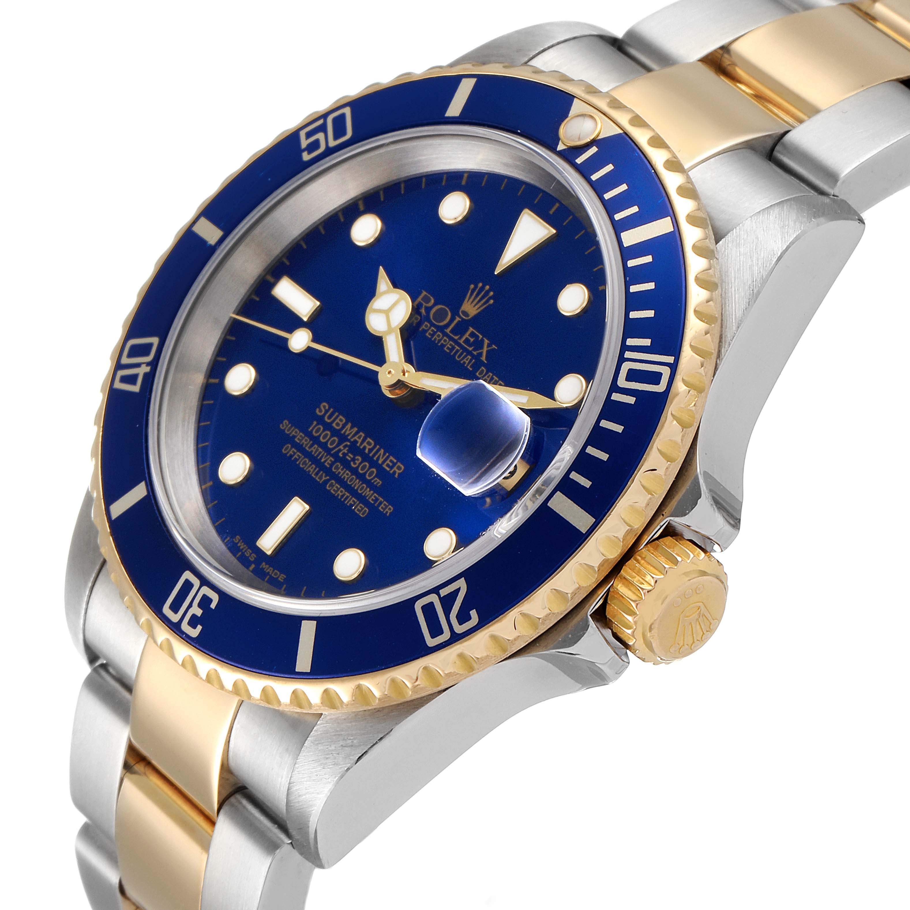 This image shows a close-up of the Rolex Submariner 16613 Men
s Steel and Gold (two tone) Blue Dial 16613 Men
s Steel and Gold (two tone) Blue Dial watch, highlighting the blue dial, bezel, crown, and two-tone bracelet from an angled side view.