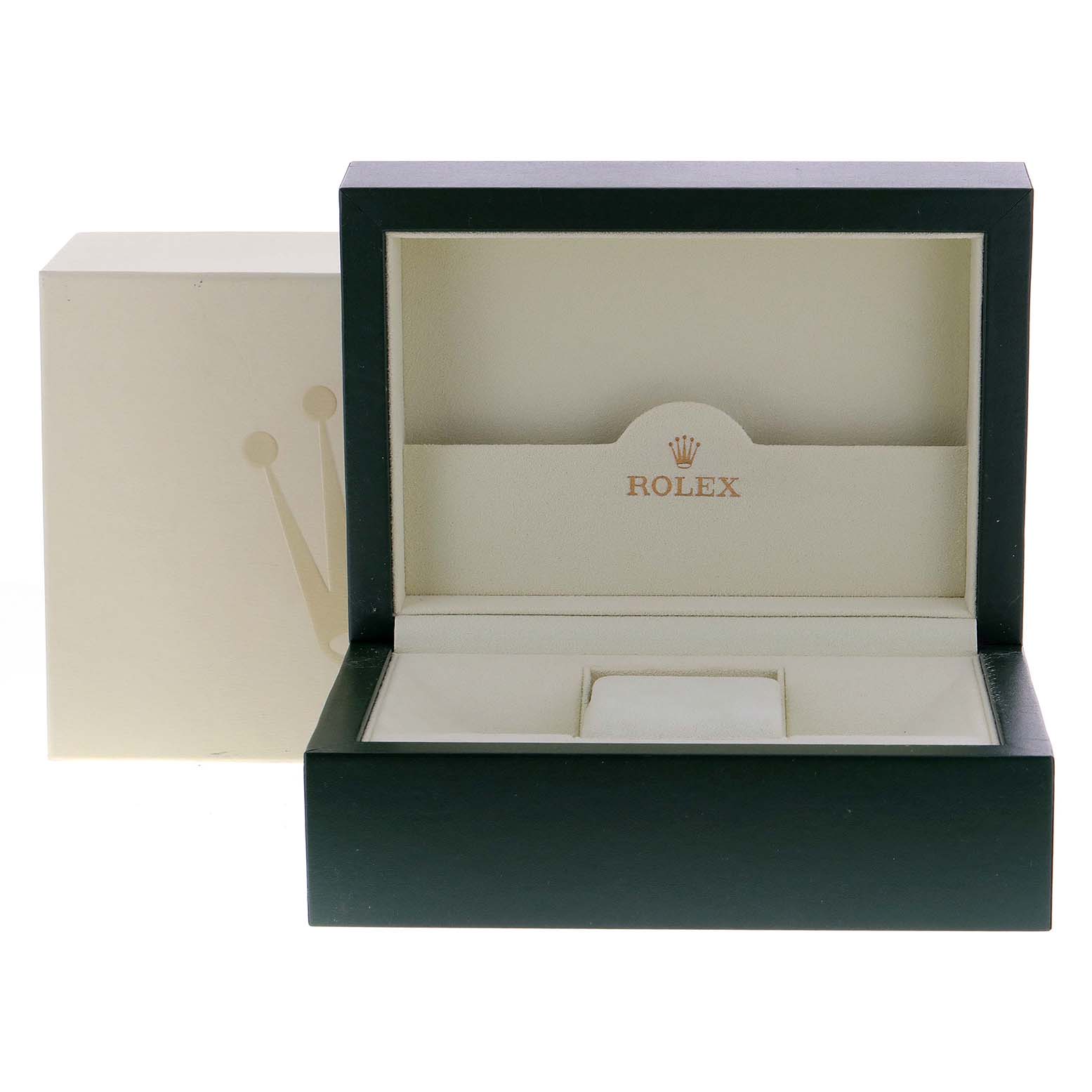 This image shows the inner part of a Rolex Submariner 16613 Men
s Steel and Gold (two tone) Blue Dial 16613 Men
s Steel and Gold (two tone) Blue Dial watch box, featuring a beige and black color scheme.