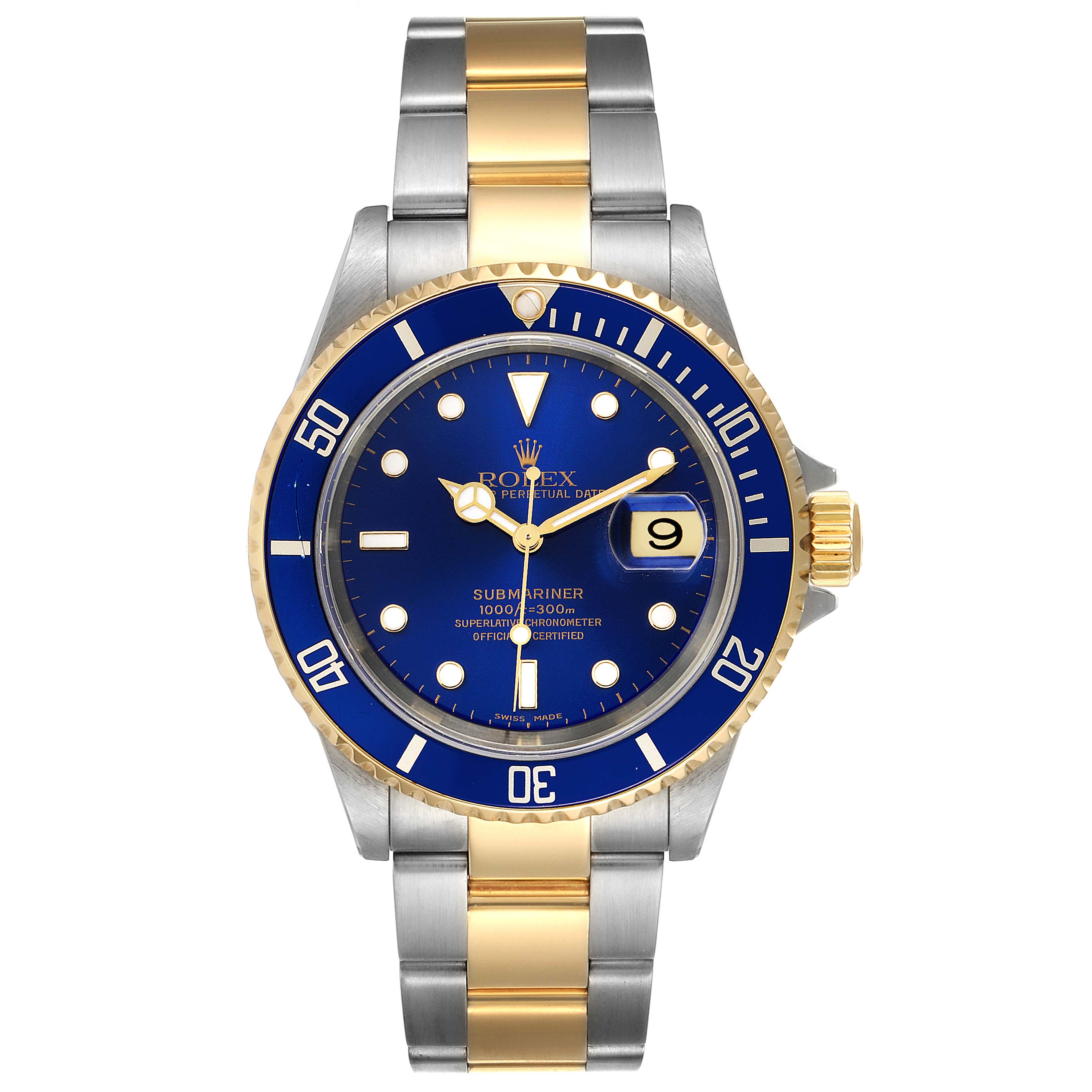 The image shows a front view of a Rolex Submariner 16613 Men
s Steel and Gold (two tone) Blue Dial 16613 Men
s Steel and Gold (two tone) Blue Dial, displaying its blue dial, bezel, and two-tone bracelet.