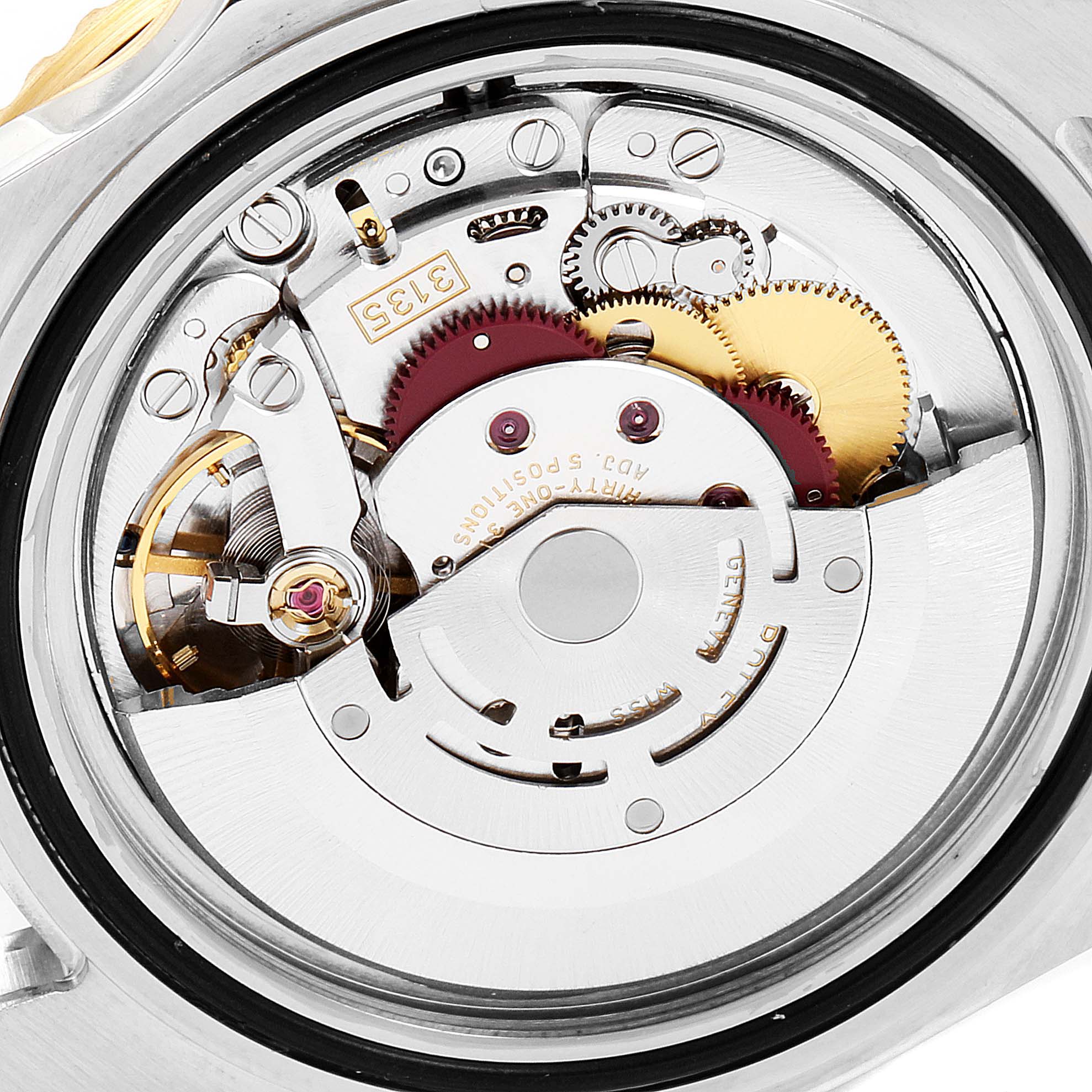 The image shows a close-up view of the Rolex Submariner 16613 Men
s Steel and Gold (two tone) Blue Dial 16613 Men
s Steel and Gold (two tone) Blue Dial
s open case back, revealing its intricate internal movement mechanisms.