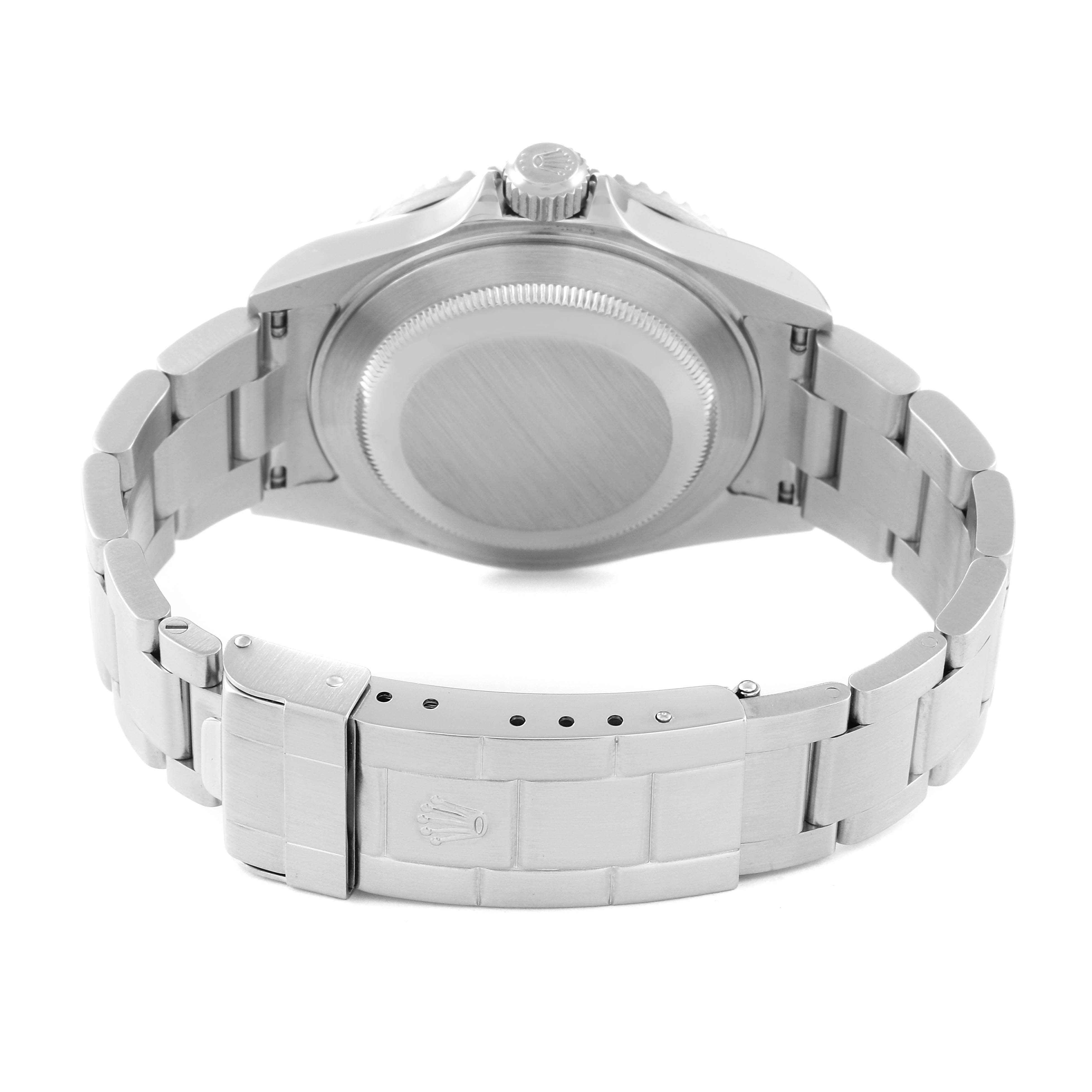 The image shows the back view of a Rolex Submariner 16610 Men
s Stainless Steel Black Dial 16610 Men
s Stainless Steel Black Dial watch, highlighting the case back and bracelet with the clasp.