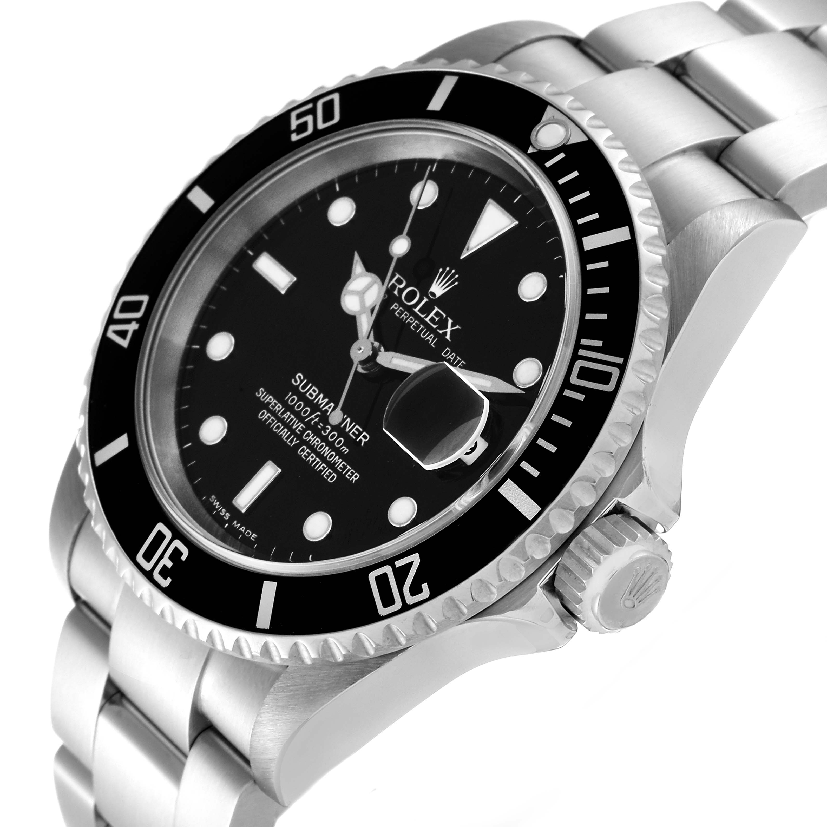 The Rolex Submariner 16610 Men
s Stainless Steel Black Dial 16610 Men
s Stainless Steel Black Dial watch is shown at an angled view, highlighting its black dial, bezel, crown, and part of the stainless steel bracelet.