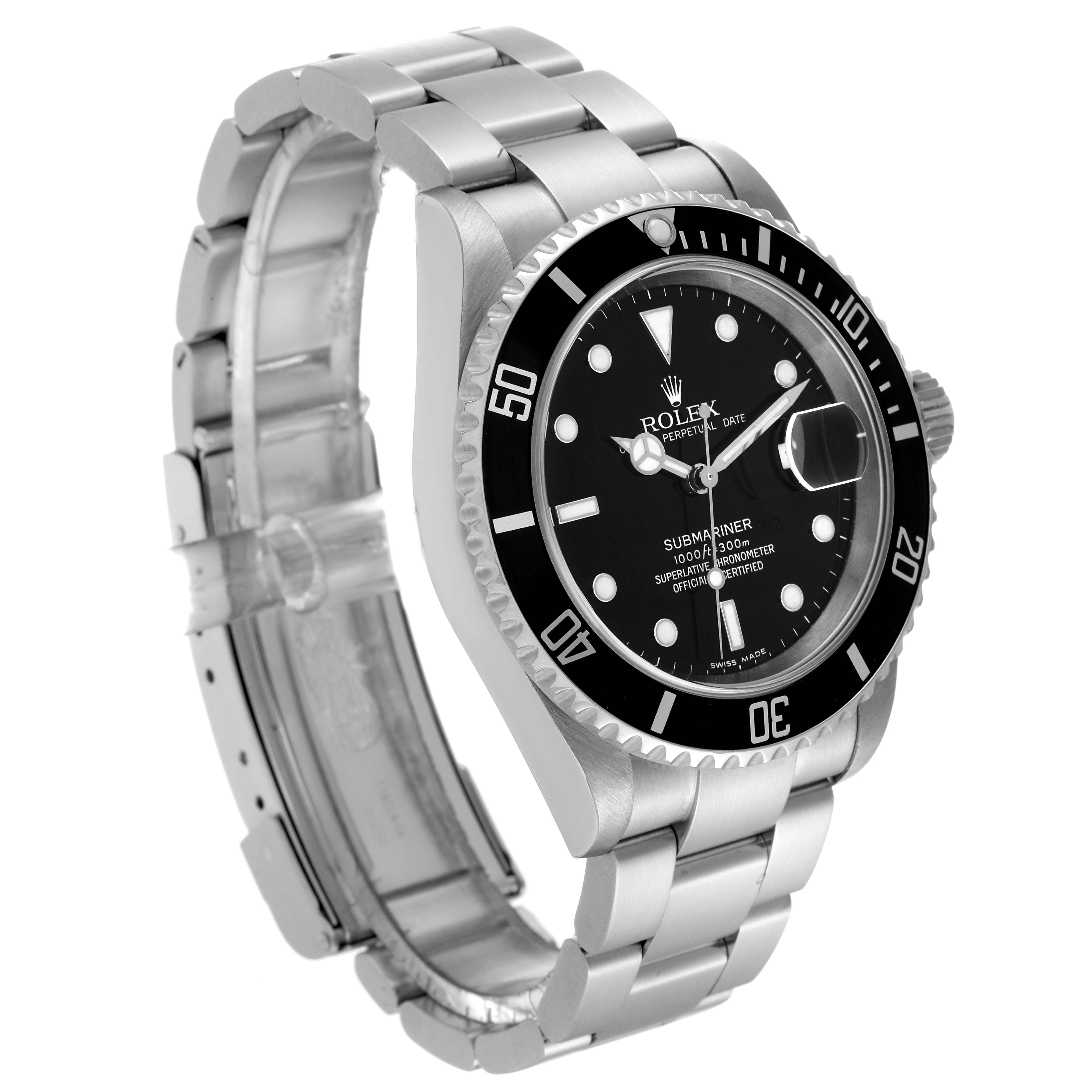 The image shows a Rolex Submariner 16610 Men
s Stainless Steel Black Dial 16610 Men
s Stainless Steel Black Dial watch at an angled side view, highlighting the dial, bezel, crown, and bracelet.