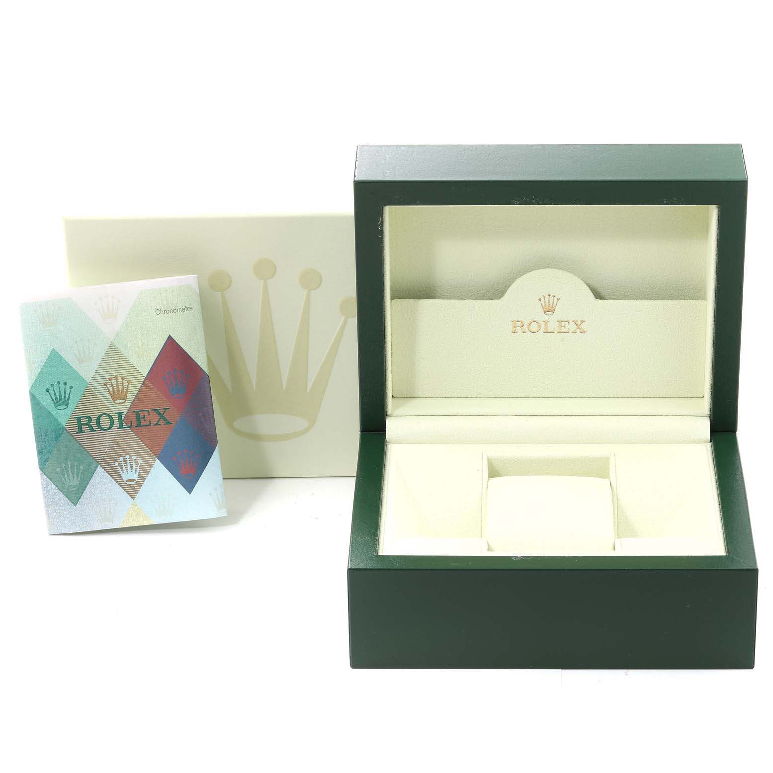 The image shows a Rolex Submariner 16610 Men
s Stainless Steel Black Dial 16610 Men
s Stainless Steel Black Dial watch box, guarantee card, and an outer box, all viewed from the front.