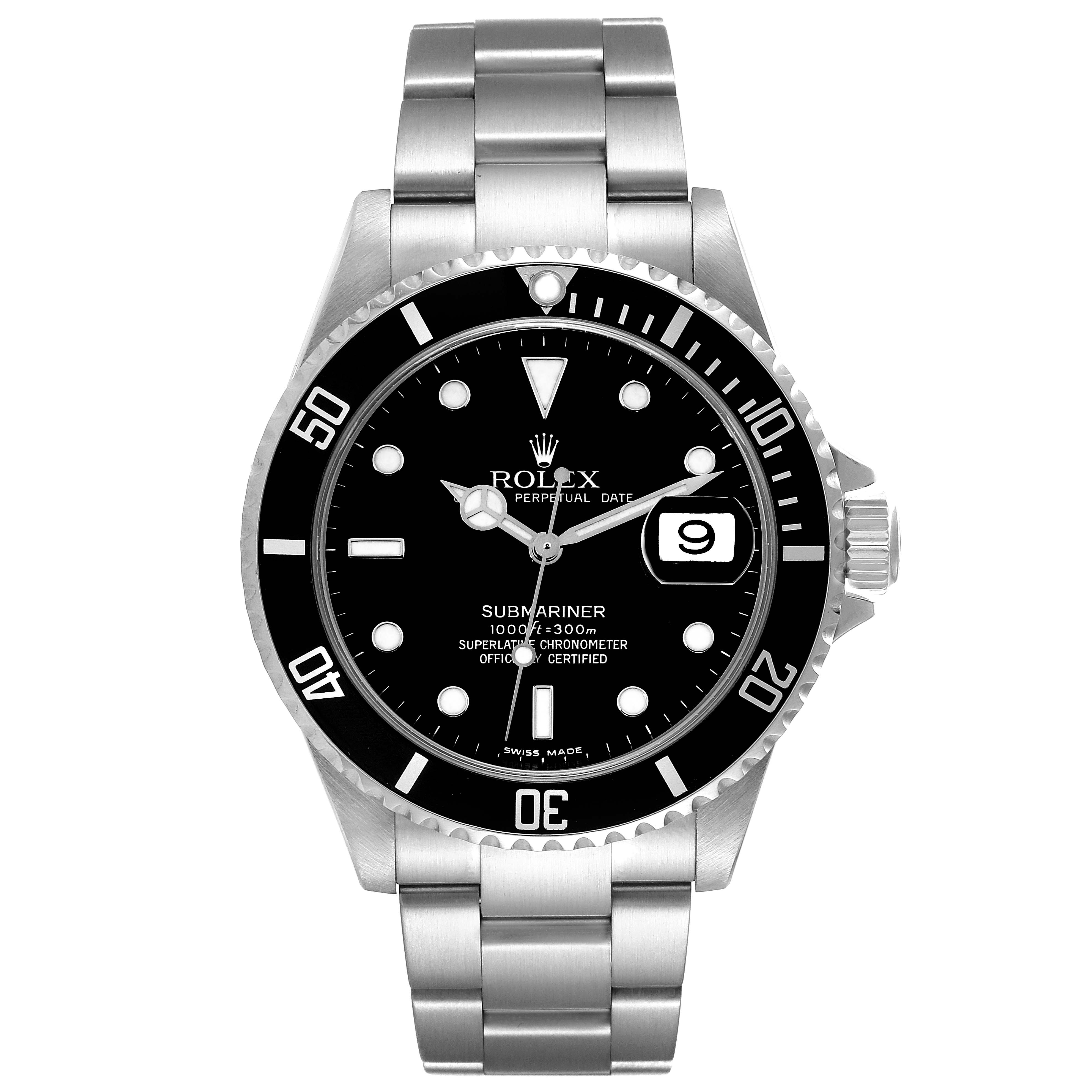 The image shows a front view of a Rolex Submariner 16610 Men
s Stainless Steel Black Dial 16610 Men
s Stainless Steel Black Dial watch, highlighting the bezel, dial, hands, and bracelet.