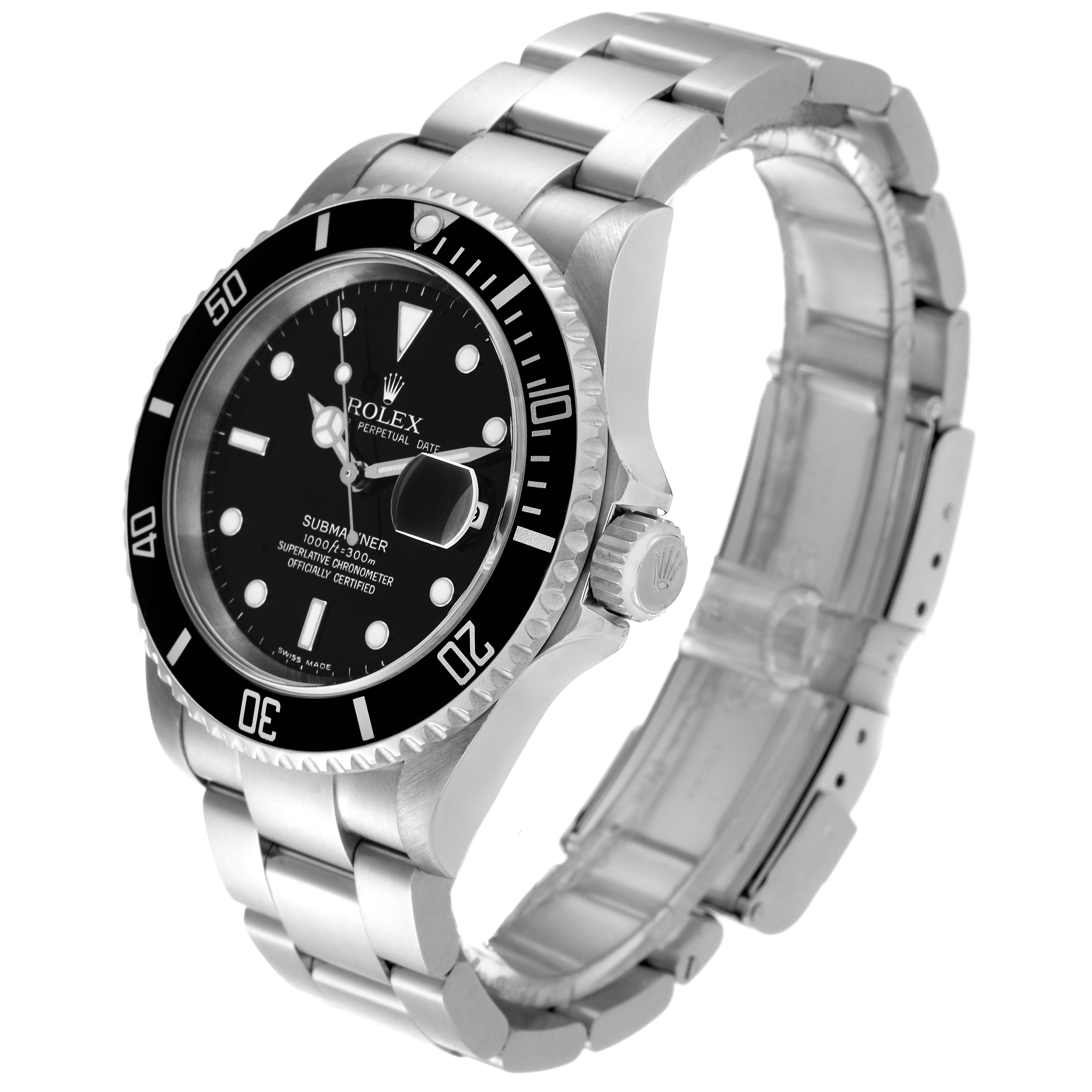 The Rolex Submariner 16610 Men
s Stainless Steel Black Dial 16610 Men
s Stainless Steel Black Dial watch is shown from an angled side view, displaying the face, bezel, crown, and bracelet.