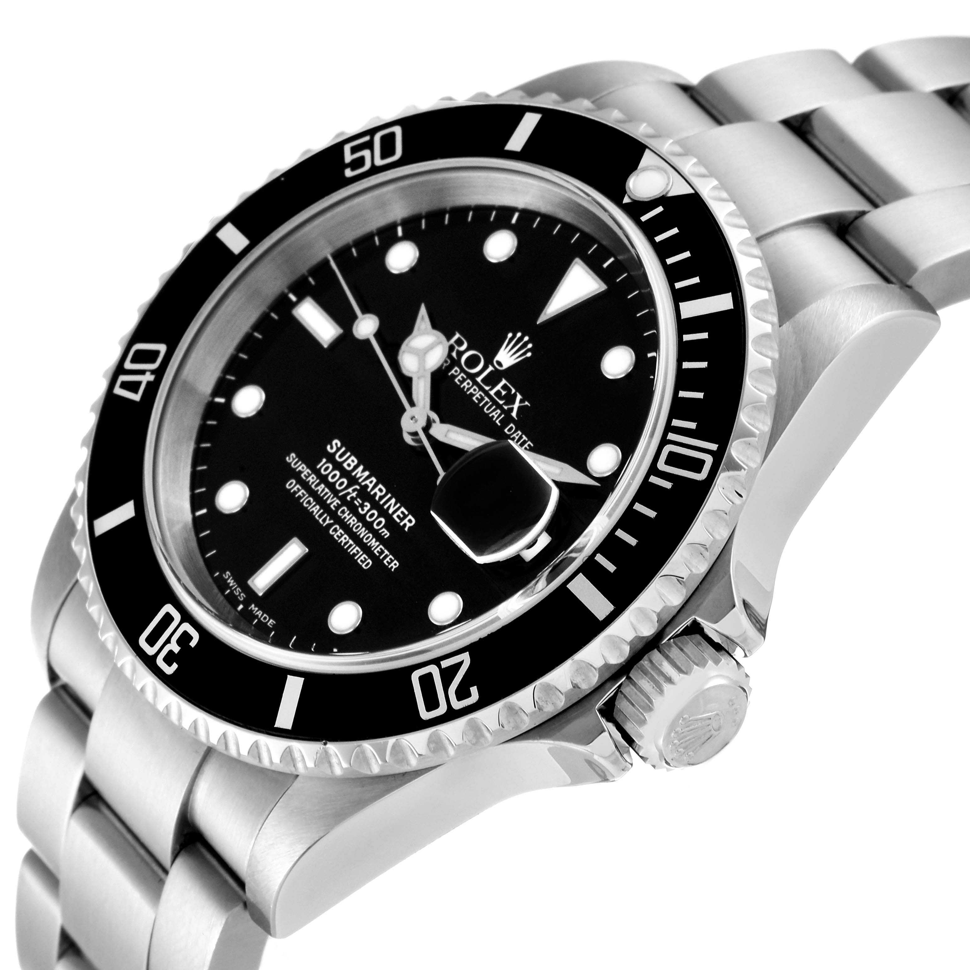 The image shows a close-up angled view of the face, bezel, and bracelet of a Rolex Submariner 16610 Men
s Stainless Steel Black Dial 16610 Men
s Stainless Steel Black Dial watch.
