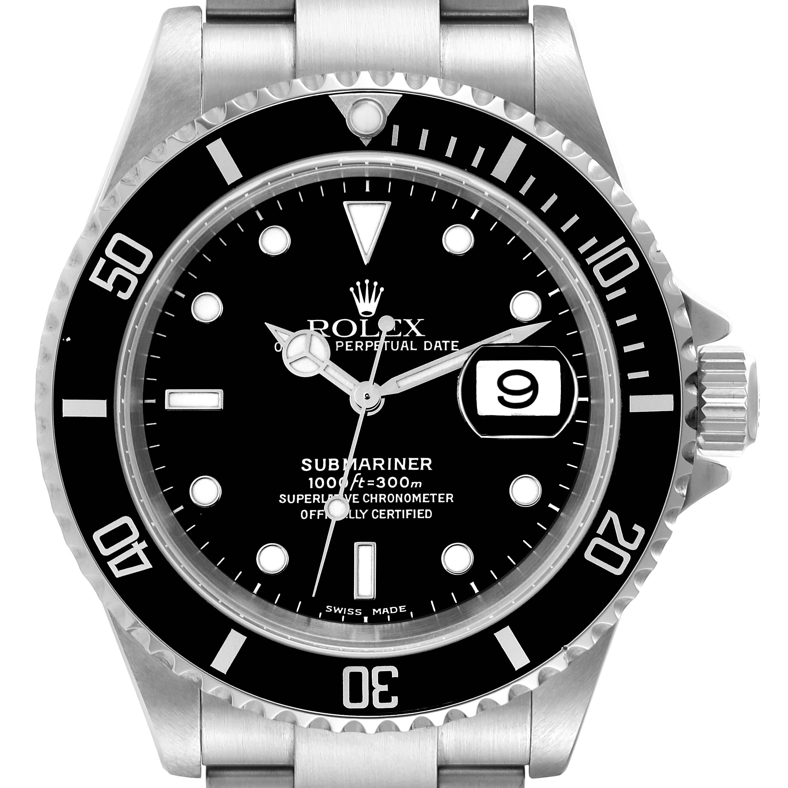 This is a front view of the Rolex Submariner 16610 Men
s Stainless Steel Black Dial 16610 Men
s Stainless Steel Black Dial watch showing the dial, bezel, crown, and part of the bracelet.