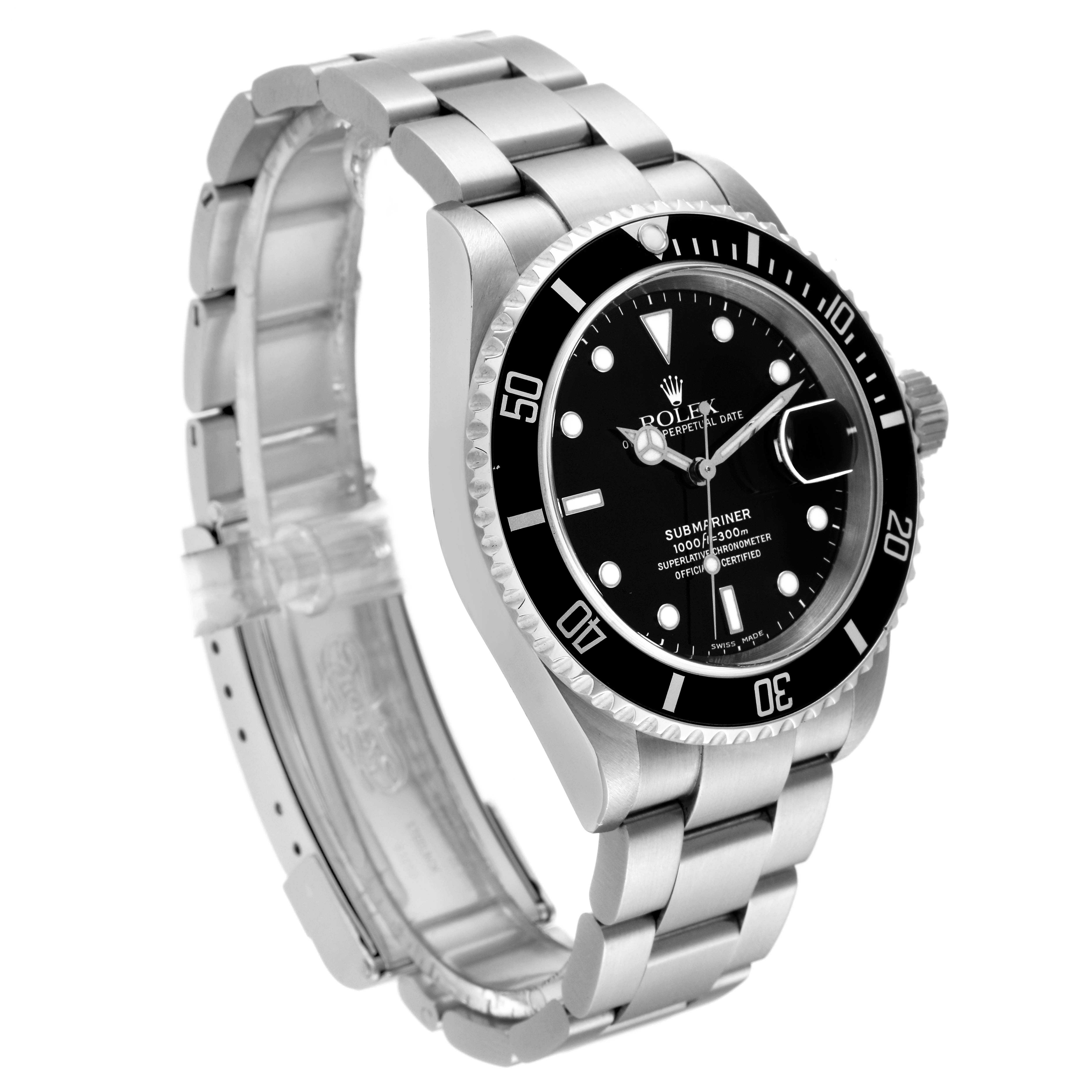This image shows a side-angle view of the Rolex Submariner 16610 Men
s Stainless Steel Black Dial 16610 Men
s Stainless Steel Black Dial watch, highlighting the face, bezel, and stainless steel bracelet.