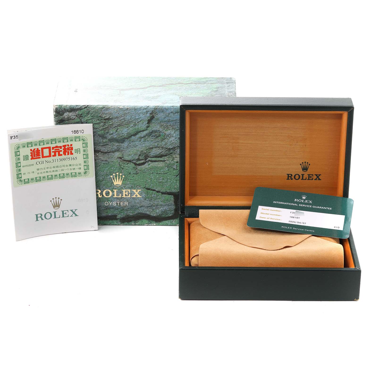 The image displays the packaging, guarantee card, and certificate for a Rolex Submariner 16610 Men
s Stainless Steel Black Dial 16610 Men
s Stainless Steel Black Dial, with the box shown open and contents laid out.