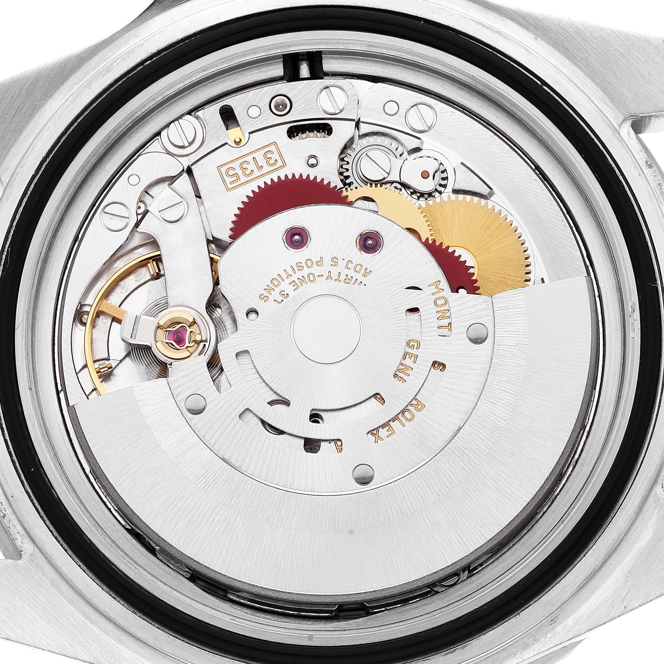 The image shows the intricate inner mechanism of the Rolex Submariner 16610 Men
s Stainless Steel Black Dial 16610 Men
s Stainless Steel Black Dial
s movement from the back angle.