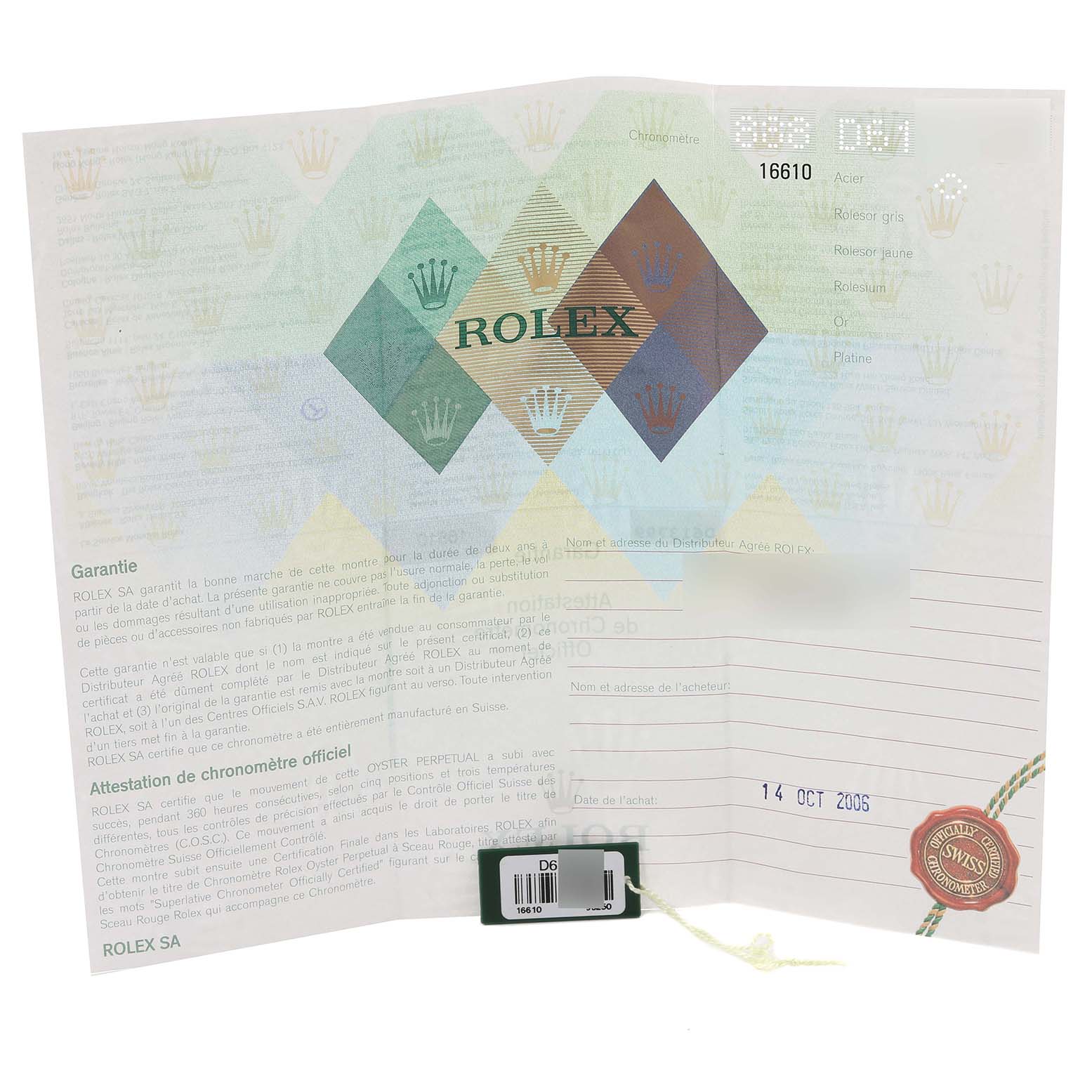 The image shows the warranty card for a Rolex Submariner 16610 Men's Stainless Steel Black Dial 16610 Men's Stainless Steel Black Dial model, along with the tag and purchase date.