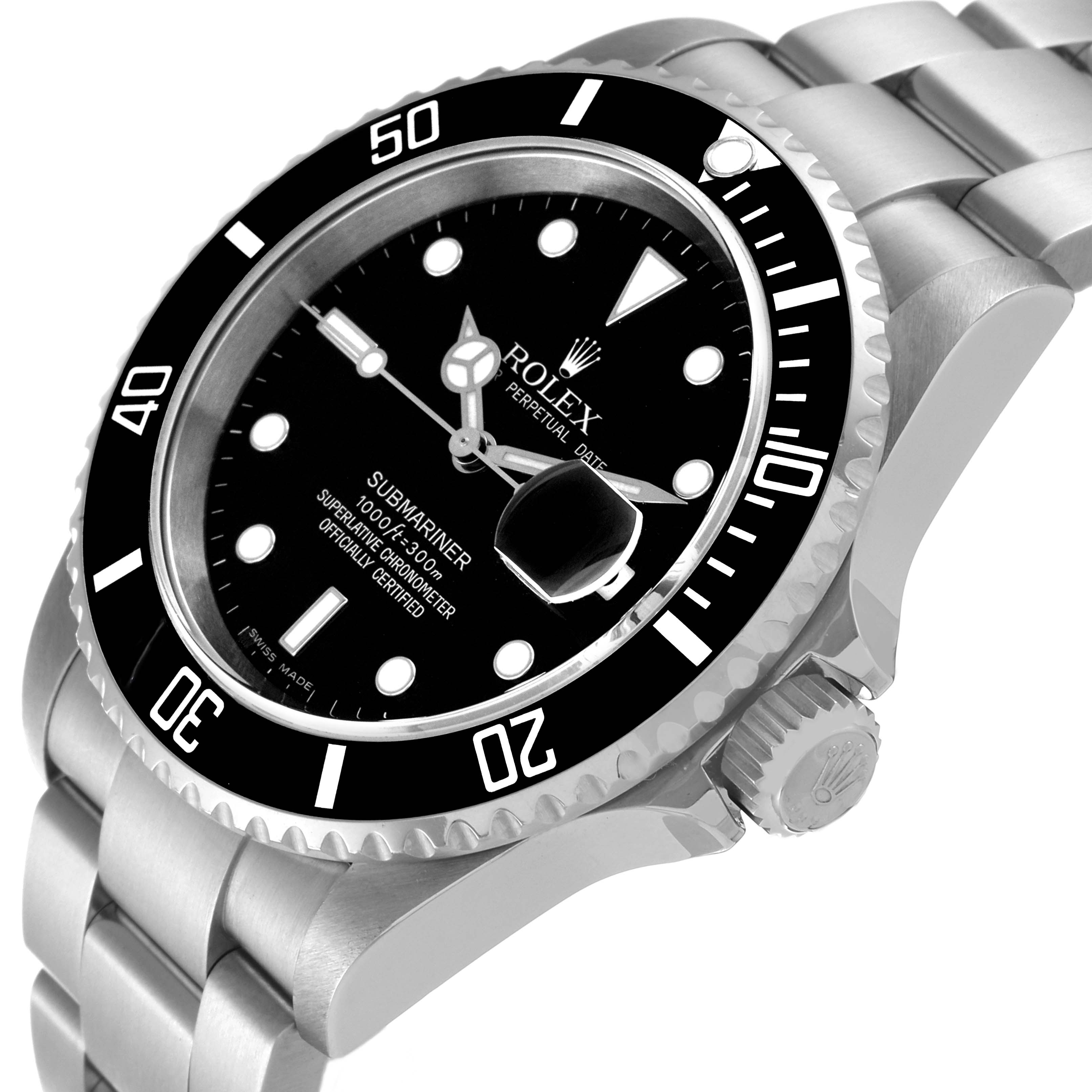 The image shows a close-up angle of a Rolex Submariner 16610 Men's Stainless Steel Black Dial 16610 Men's Stainless Steel Black Dial model, highlighting the dial, bezel, crown, and part of the bracelet.