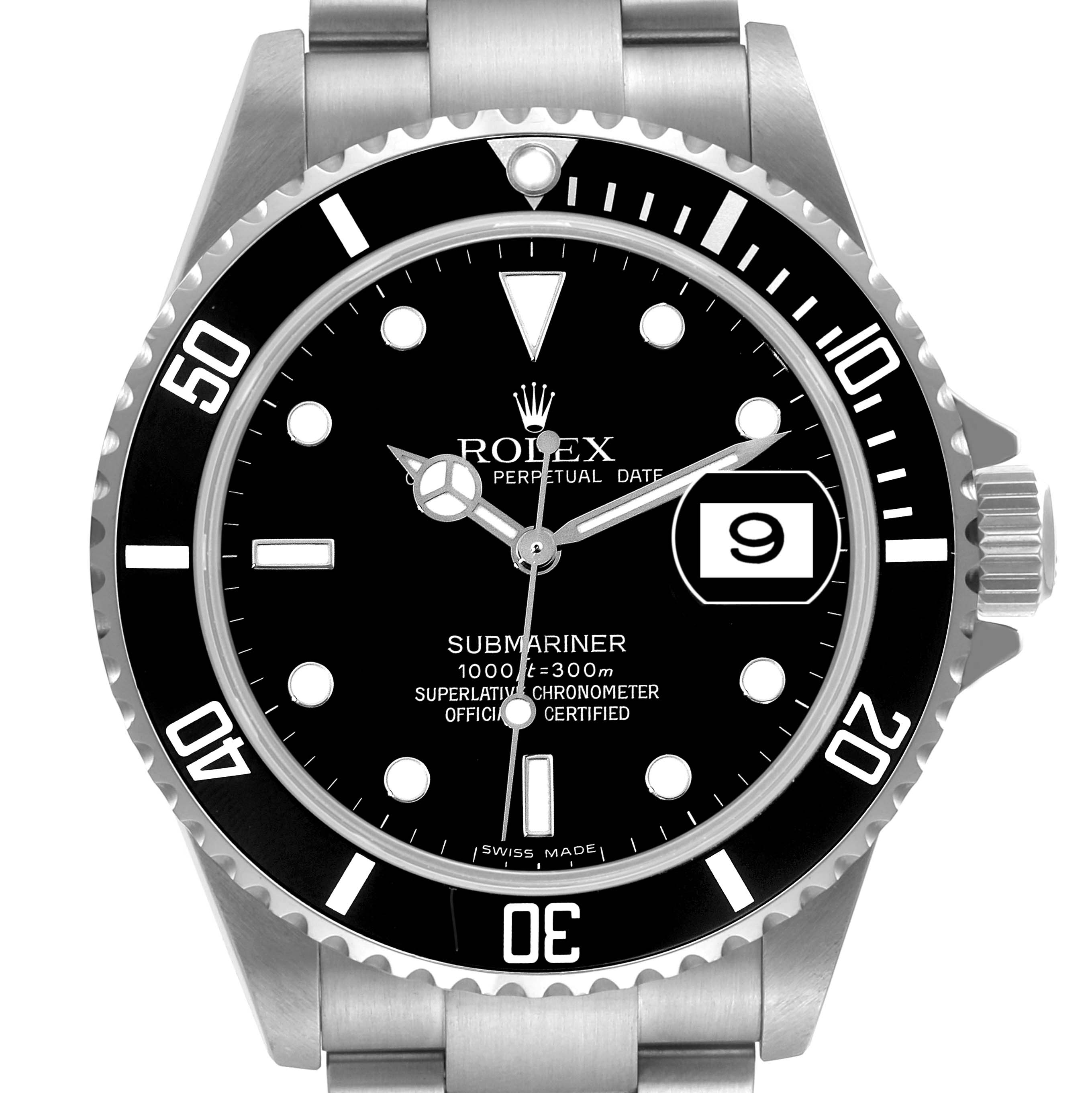 This image shows a frontal view of the Rolex Submariner 16610 Men's Stainless Steel Black Dial 16610 Men's Stainless Steel Black Dial, displaying the dial, bezel, crown, and part of the bracelet.