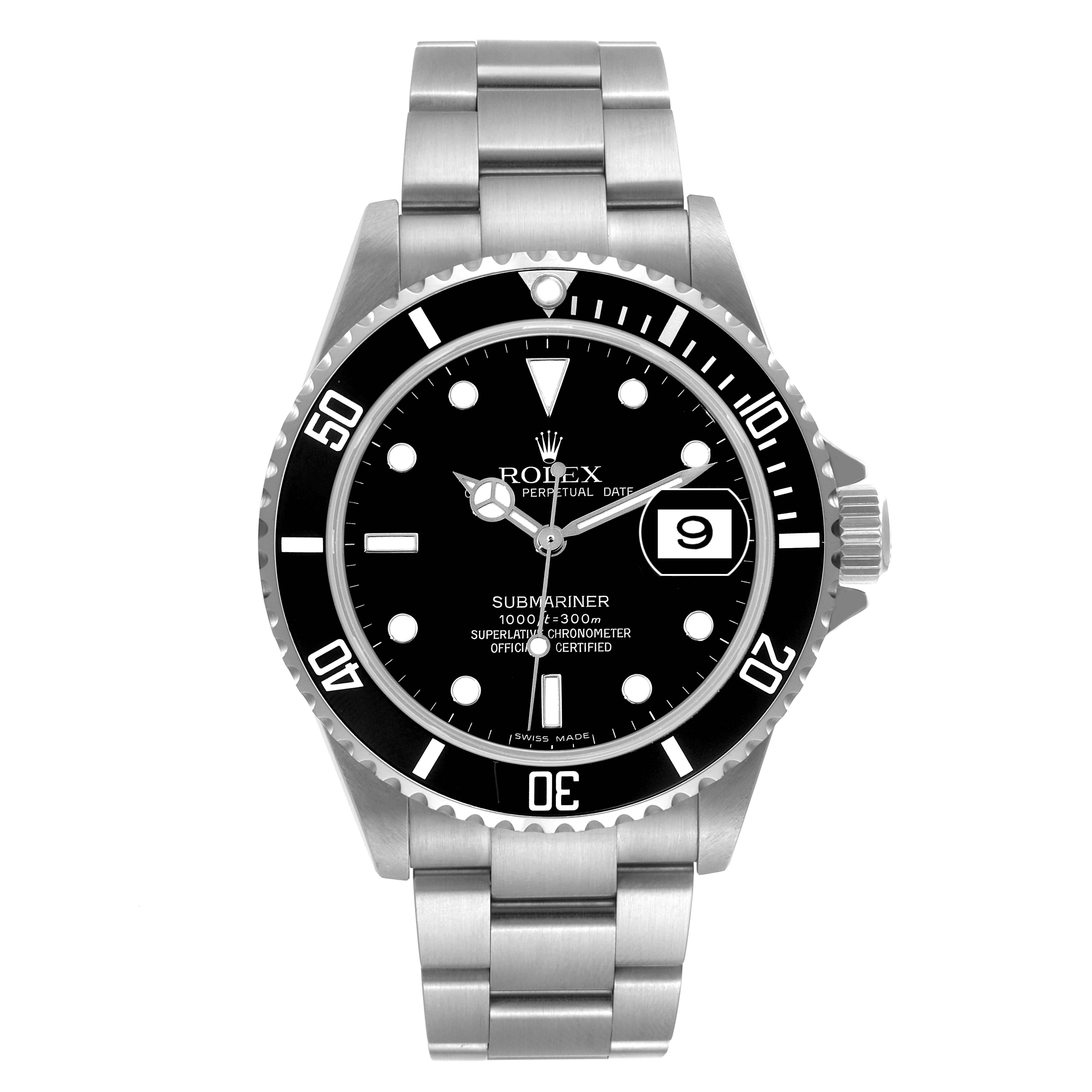 This image shows a front view of a Rolex Submariner 16610 Men's Stainless Steel Black Dial 16610 Men's Stainless Steel Black Dial watch displaying its dial, bezel, hands, and bracelet.