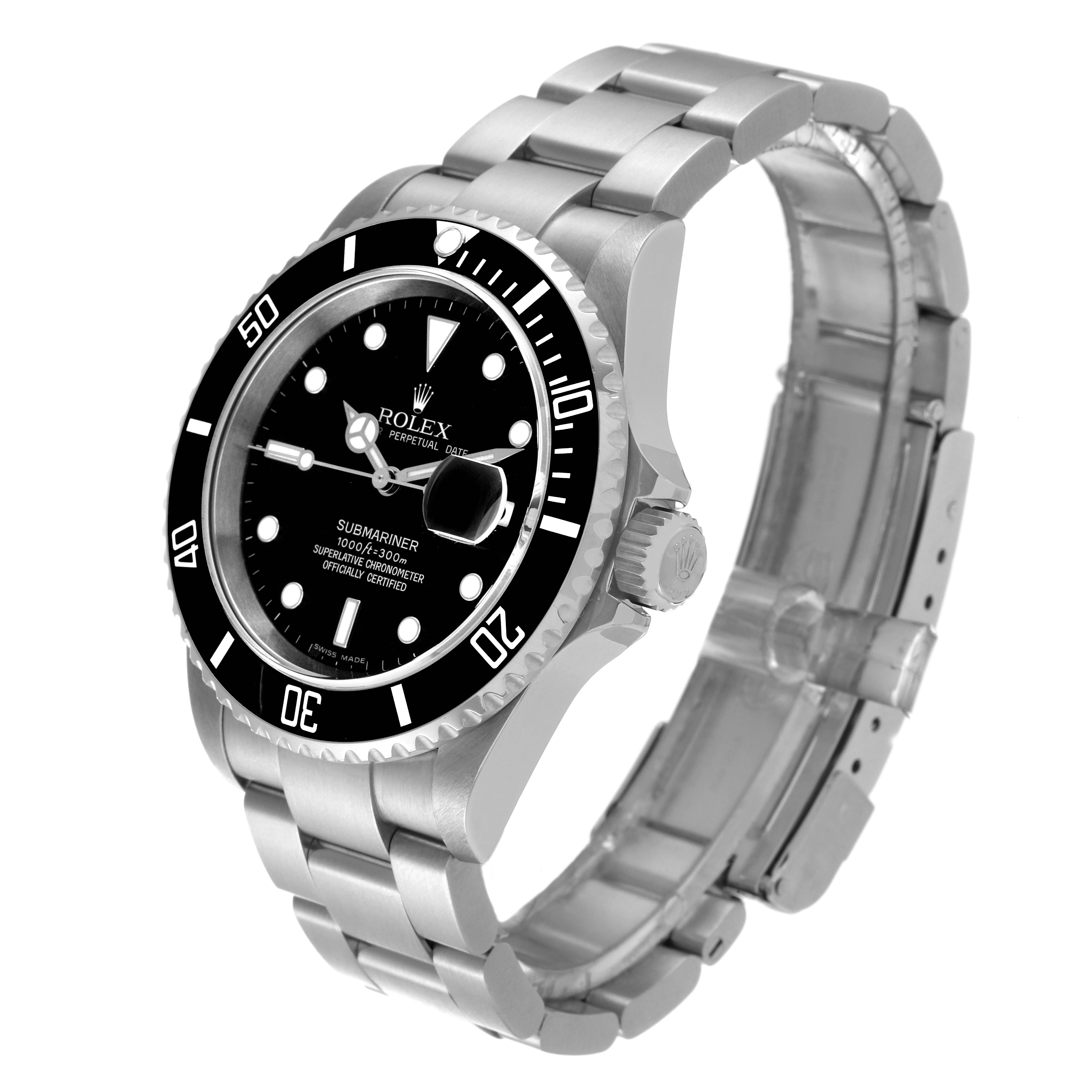 The Rolex Submariner 16610 Men's Stainless Steel Black Dial 16610 Men's Stainless Steel Black Dial watch is shown at a three-quarter angle, displaying the watch face, bezel, crown, and bracelet.
