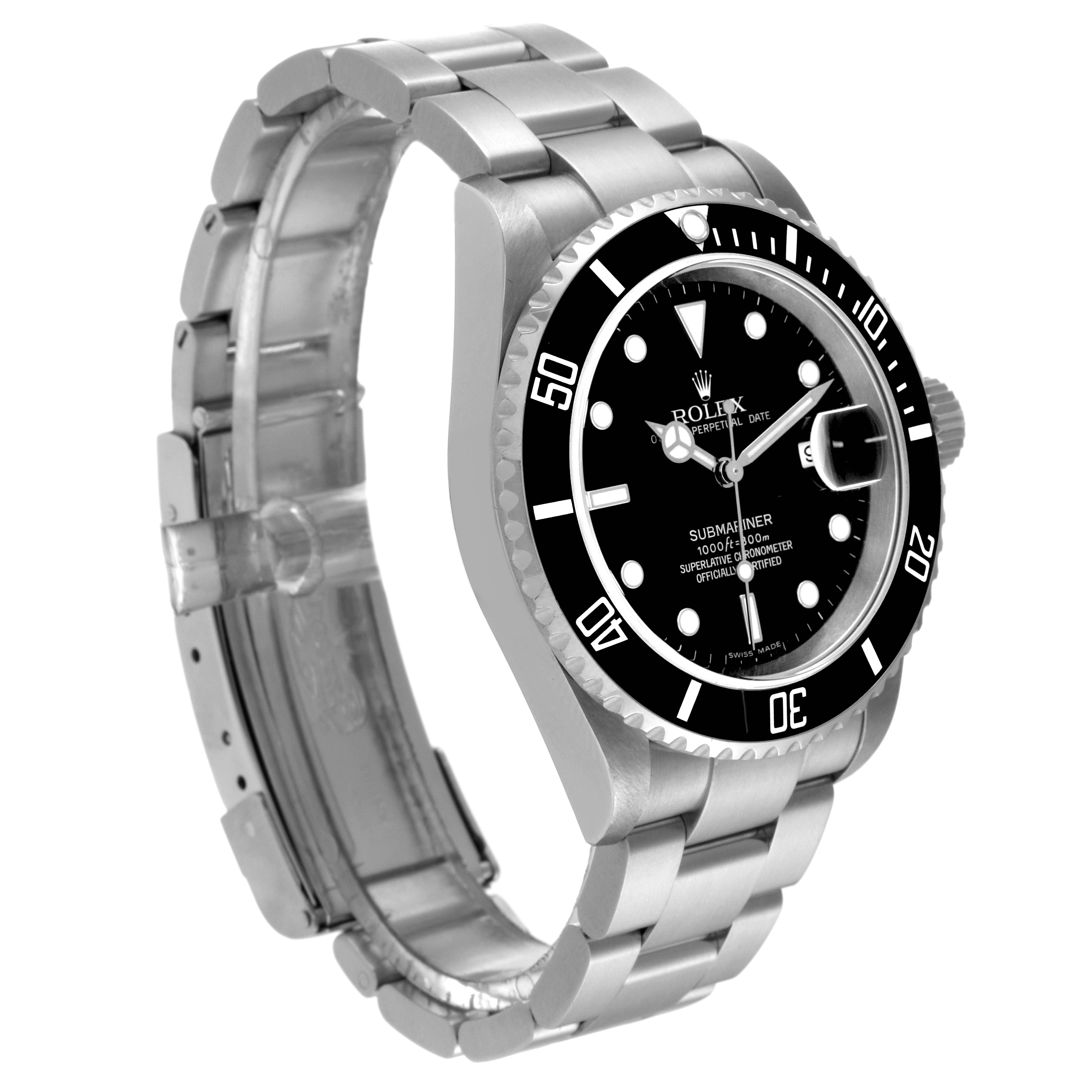 The image shows a side-angle view of a Rolex Submariner 16610 Men's Stainless Steel Black Dial 16610 Men's Stainless Steel Black Dial, highlighting the watch face, bezel, and metal bracelet.