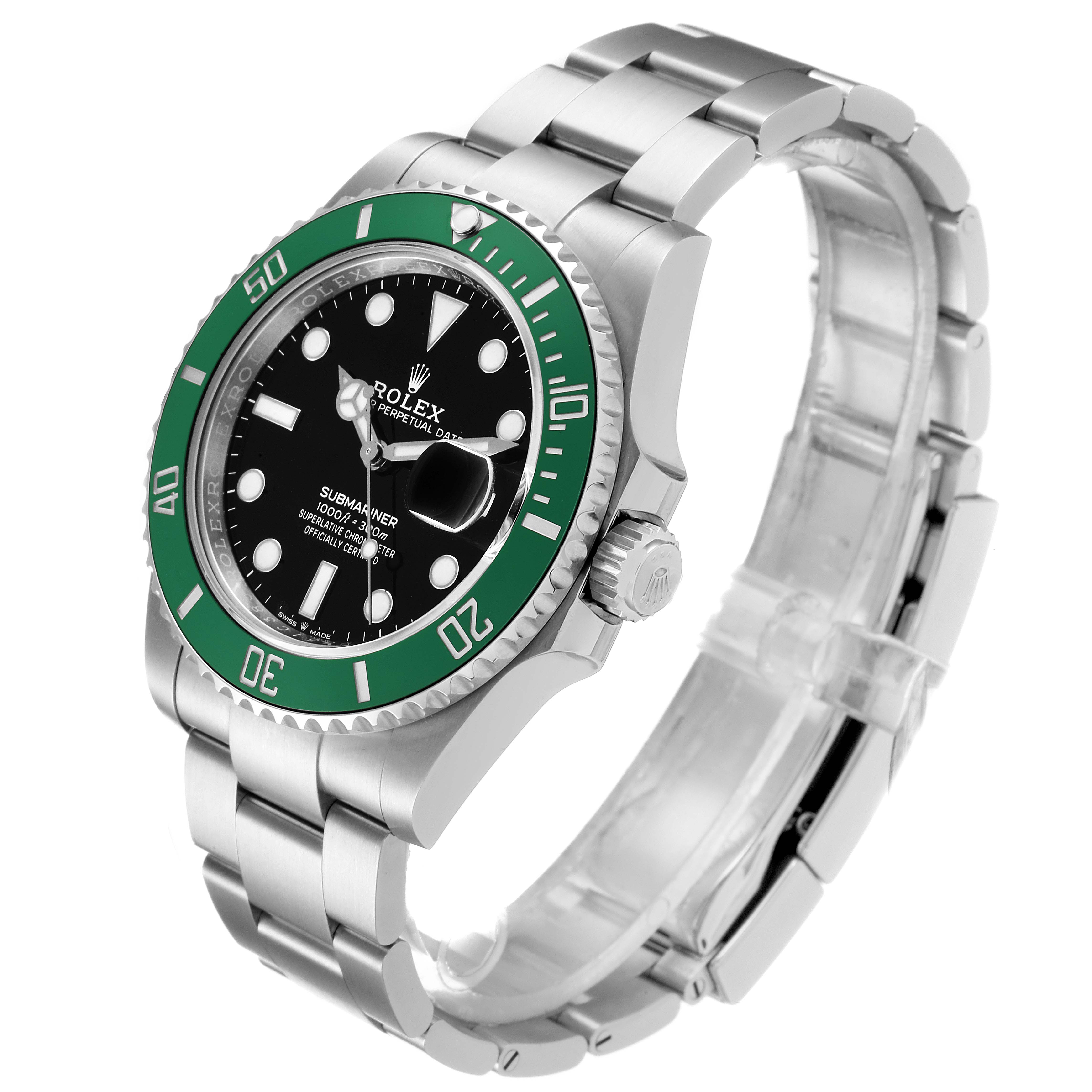 This image shows a three-quarter view of the Rolex Submariner 126610LV Men's Stainless Steel Black Dial 126610LV Men's Stainless Steel Black Dial watch, highlighting the face, bezel, bracelet, and crown.