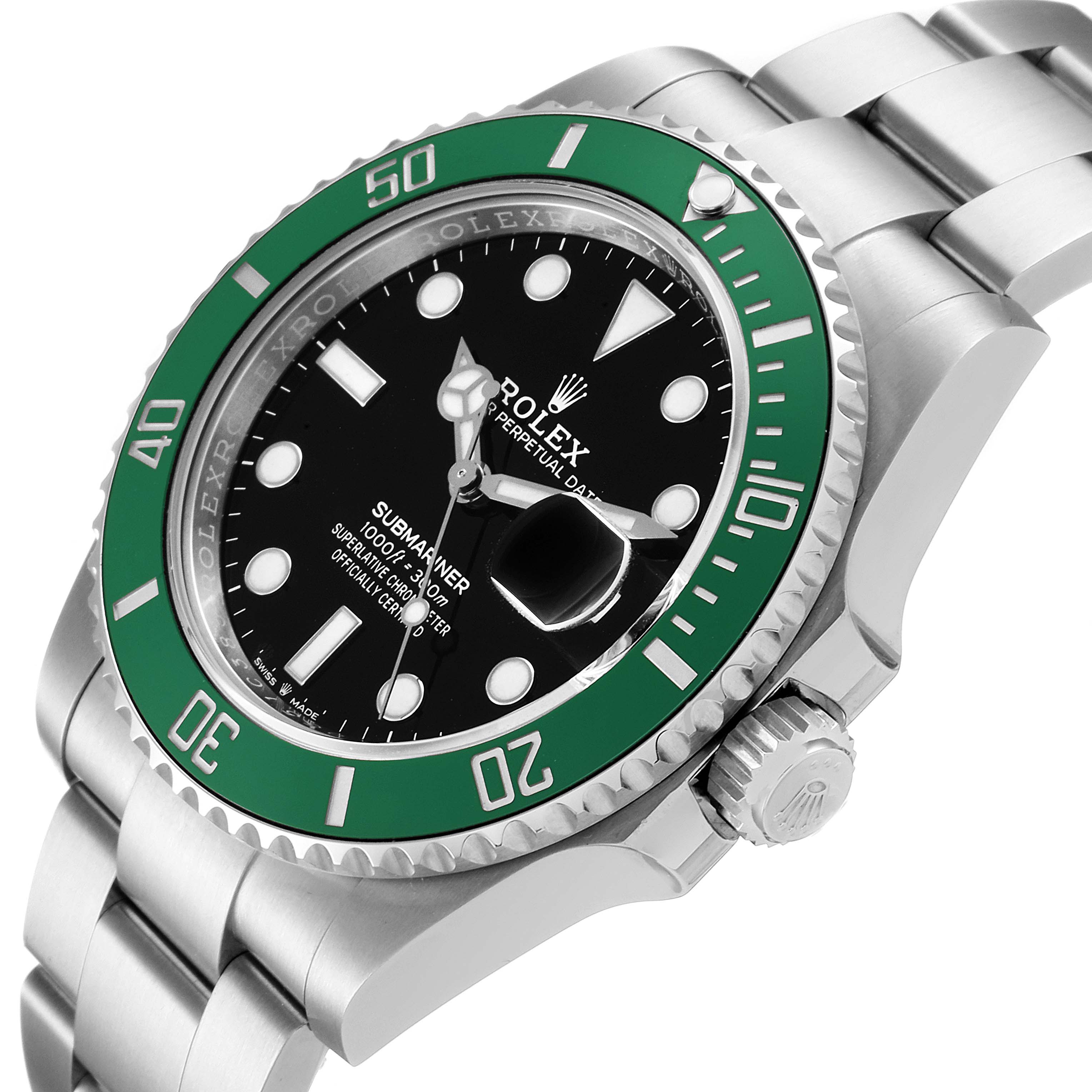 The image shows a Rolex Submariner 126610LV Men's Stainless Steel Black Dial 126610LV Men's Stainless Steel Black Dial watch at an angle highlighting its bezel, dial, hands, and part of the bracelet.