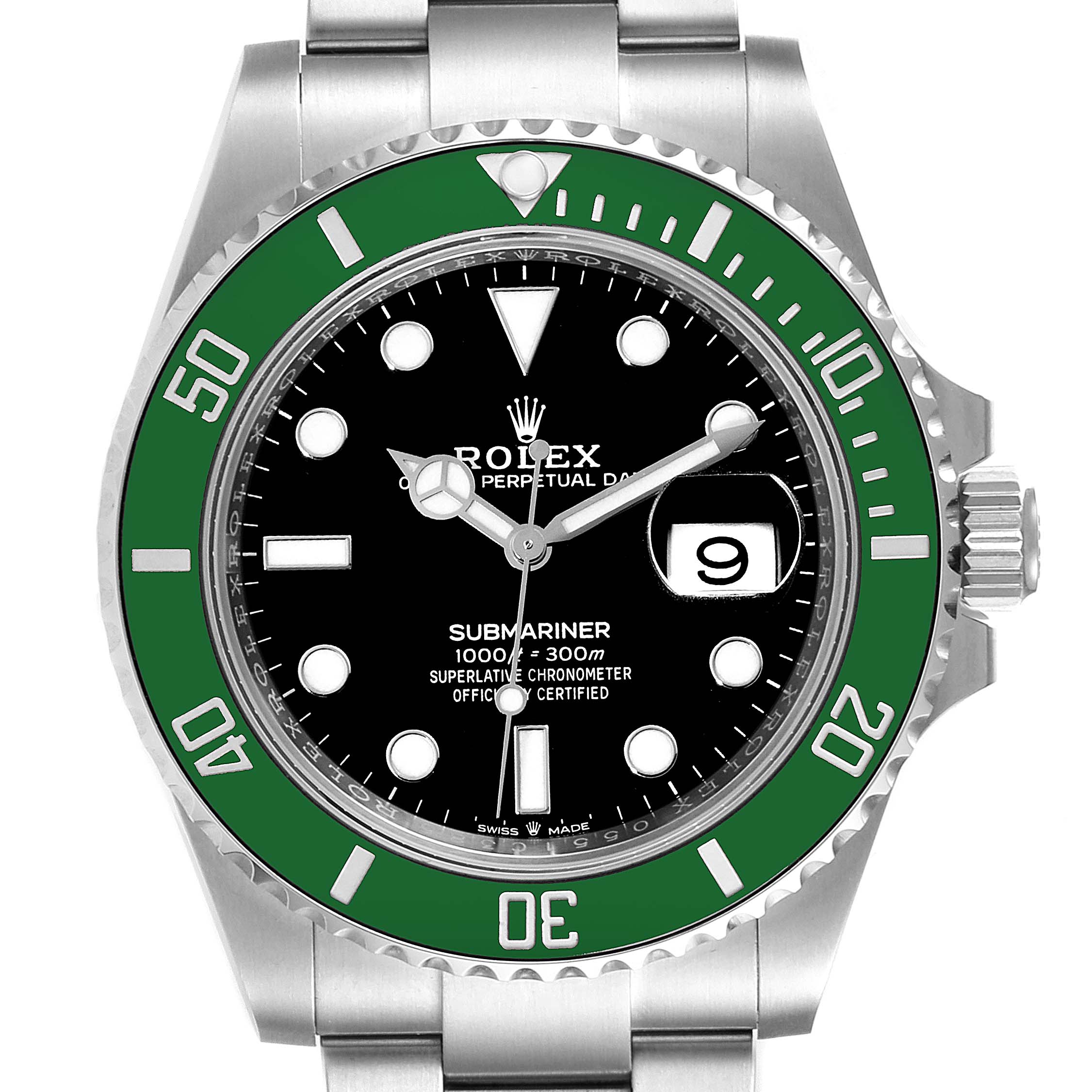This image shows a front view of the Rolex Submariner 126610LV Men's Stainless Steel Black Dial 126610LV Men's Stainless Steel Black Dial, focusing on its green bezel, black dial, date window, and stainless steel bracelet.
