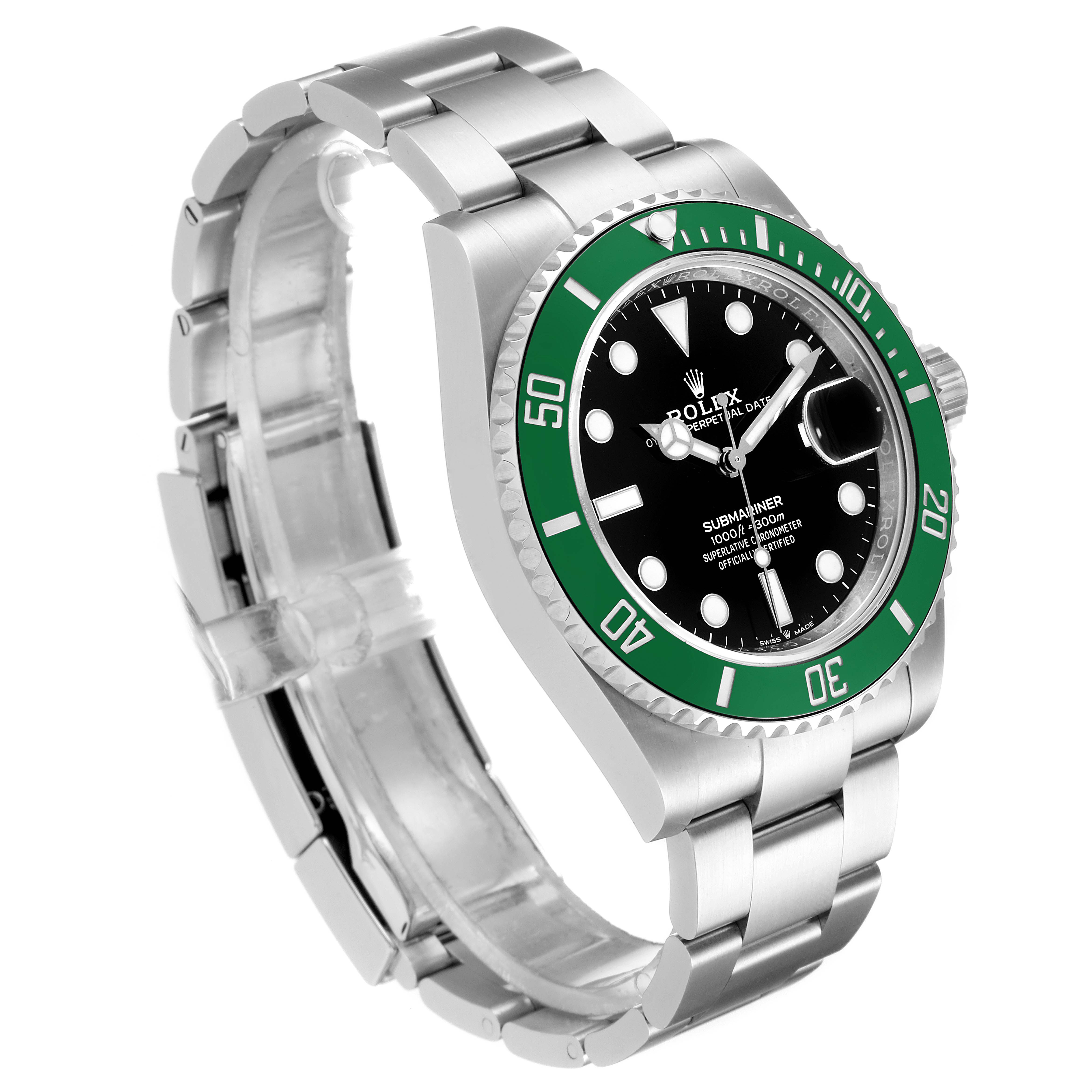 The Rolex Submariner 126610LV Men's Stainless Steel Black Dial 126610LV Men's Stainless Steel Black Dial watch is shown at an angle featuring its bracelet, black dial, and green bezel.