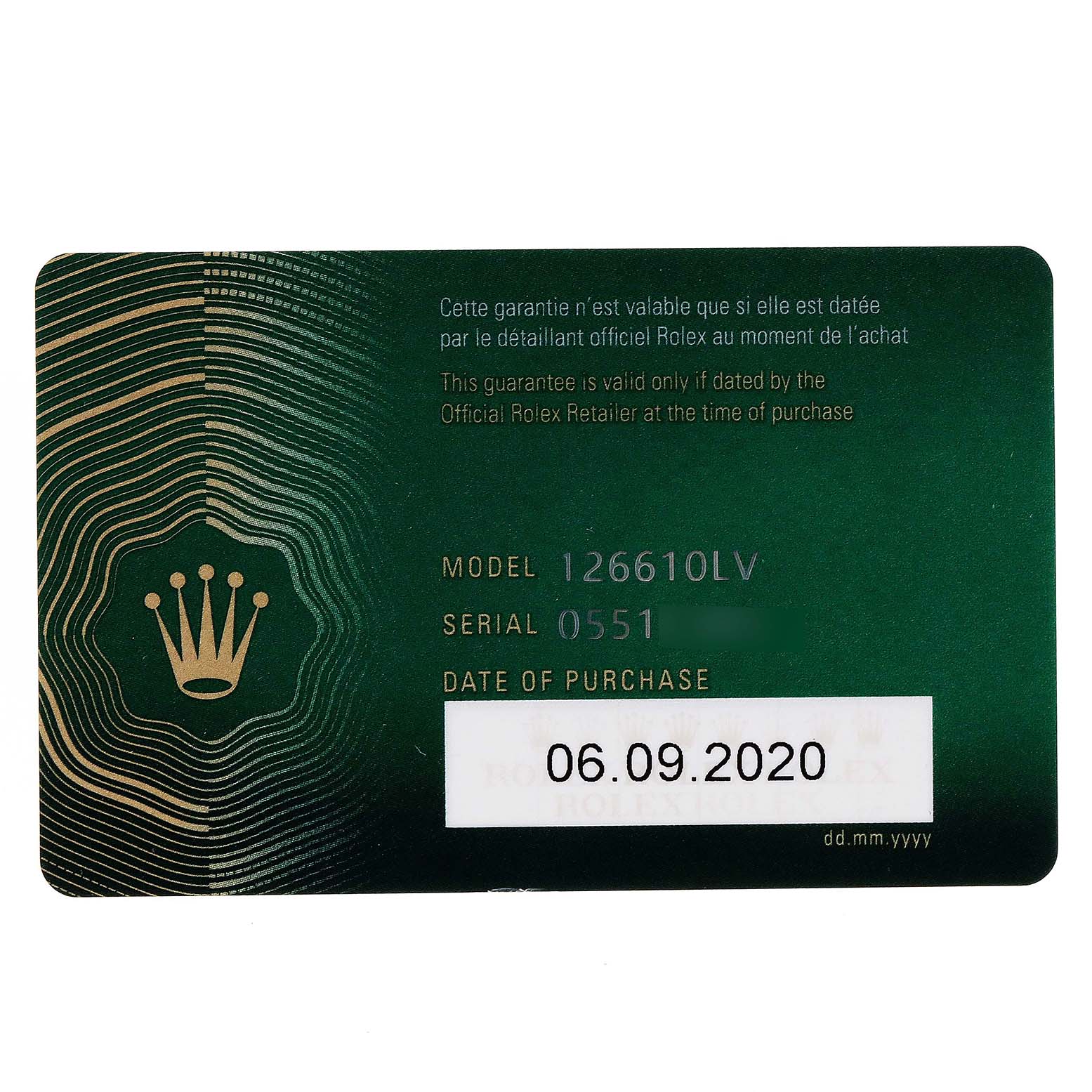 This image shows the warranty card for a Rolex Submariner 126610LV Men's Stainless Steel Black Dial 126610LV Men's Stainless Steel Black Dial model 126610LV, with serial number and date of purchase.