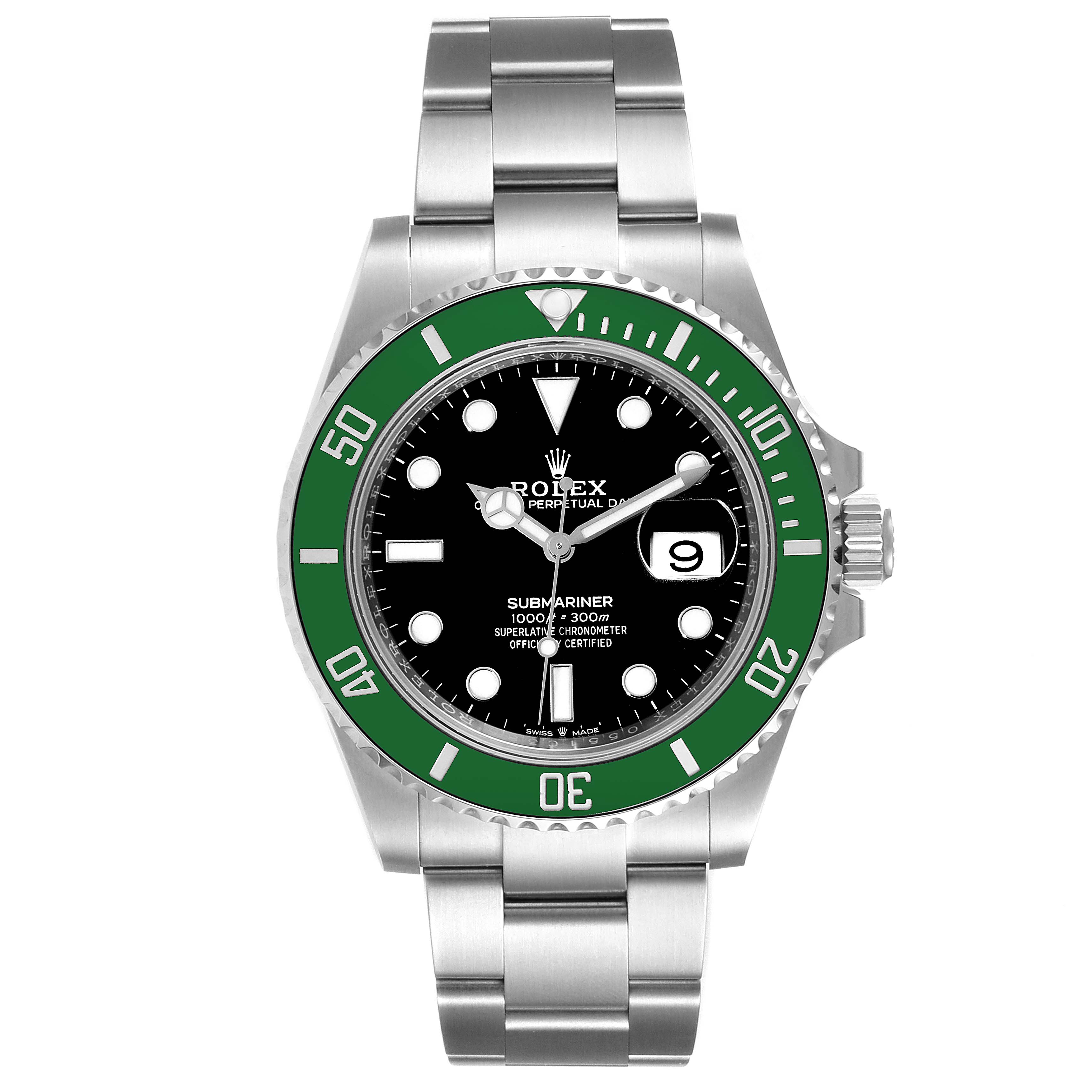 This image shows a frontal view of the Rolex Submariner 126610LV Men's Stainless Steel Black Dial 126610LV Men's Stainless Steel Black Dial, highlighting the dial, bezel, date window, and stainless steel bracelet.