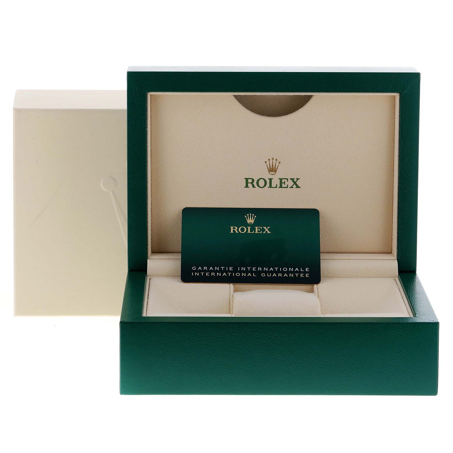 The image shows an open Rolex Submariner 126610LV Men's Stainless Steel Black Dial 126610LV Men's Stainless Steel Black Dial watch box with an international guarantee card inside.