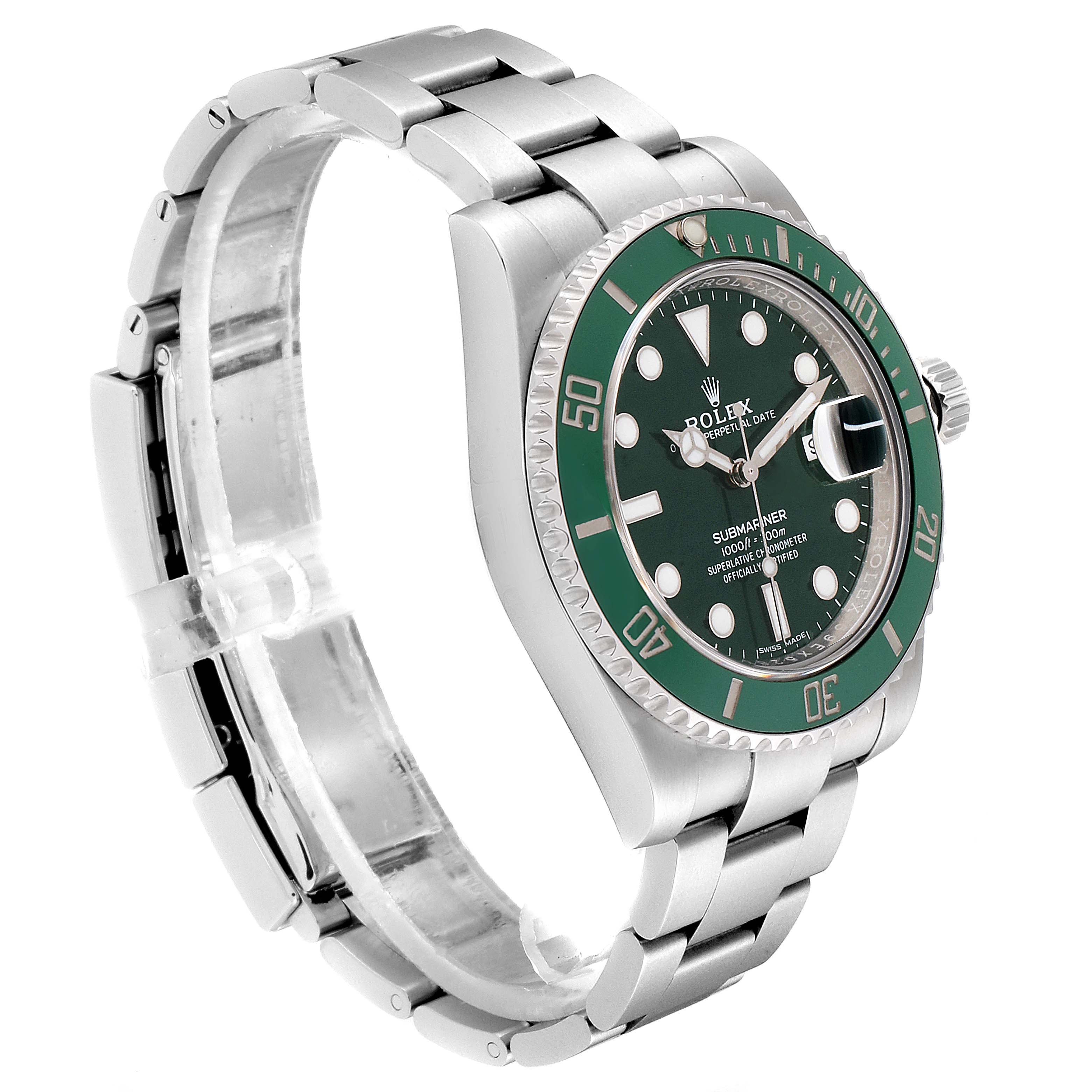 The image shows a left-side angle of a Rolex Submariner 116610LV Men
s Stainless Steel Green Dial 116610LV Men
s Stainless Steel Green Dial watch, highlighting its bezel, dial, and bracelet.