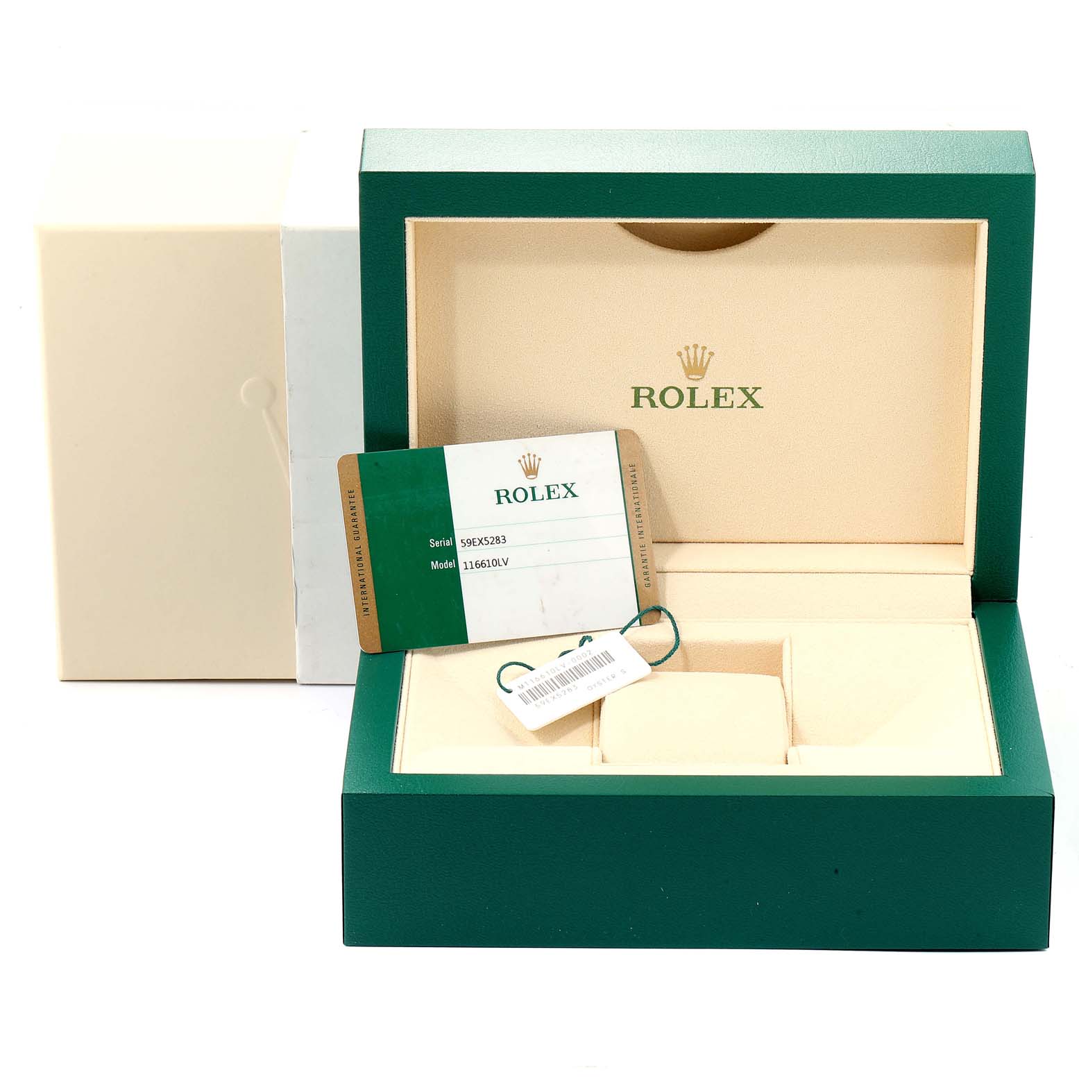This image shows the packaging and accessories for a Rolex Submariner 116610LV Men
s Stainless Steel Green Dial 116610LV Men
s Stainless Steel Green Dial, including the box, warranty card, and tags.