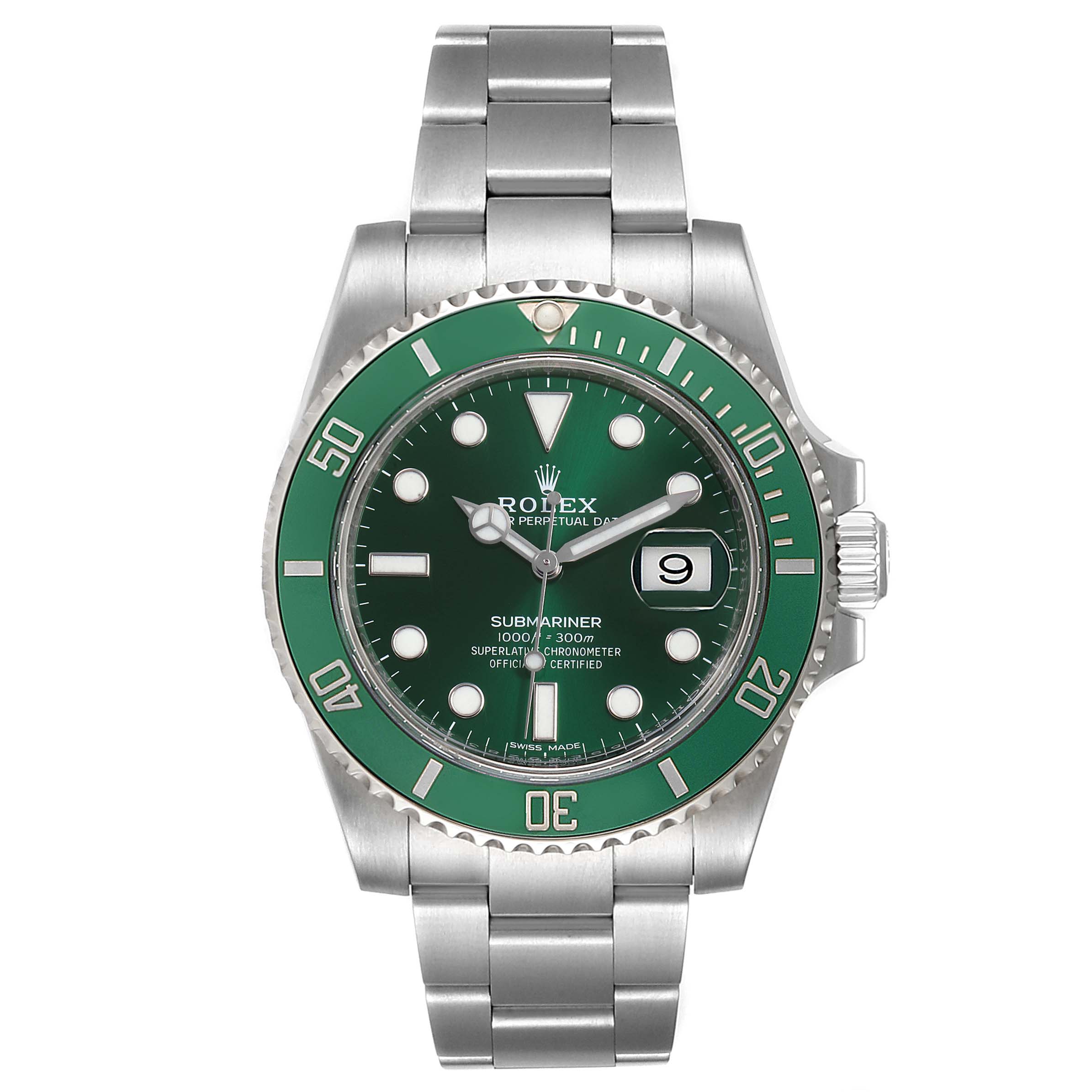 The Rolex Submariner 116610LV Men
s Stainless Steel Green Dial 116610LV Men
s Stainless Steel Green Dial watch is shown from the front, displaying its green bezel, dial, hands, and stainless steel bracelet.