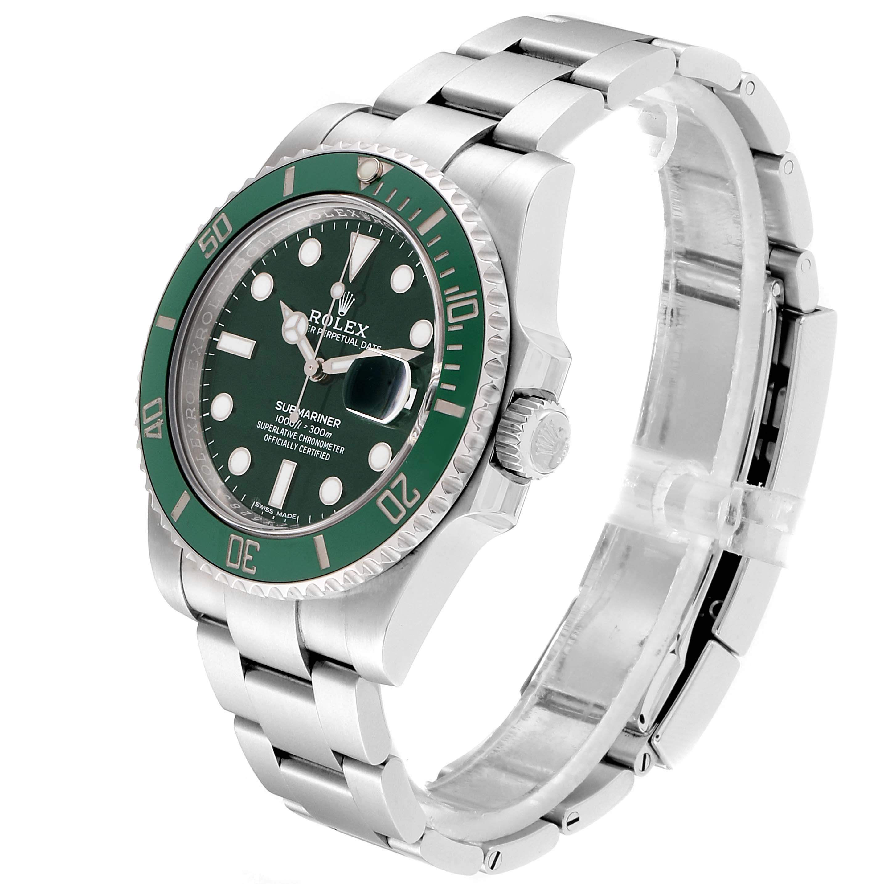 The Rolex Submariner 116610LV Men
s Stainless Steel Green Dial 116610LV Men
s Stainless Steel Green Dial watch is shown at a three-quarter angle, highlighting the face, bezel, crown, and bracelet.