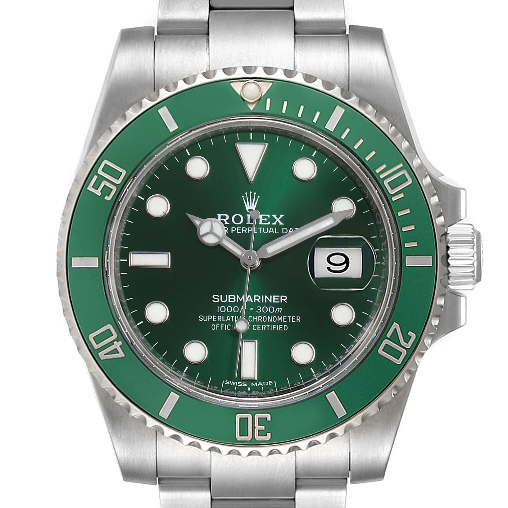 This Rolex Submariner 116610LV Men
s Stainless Steel Green Dial 116610LV Men
s Stainless Steel Green Dial watch is shown from the front, displaying the green bezel, dial, and bracelet.