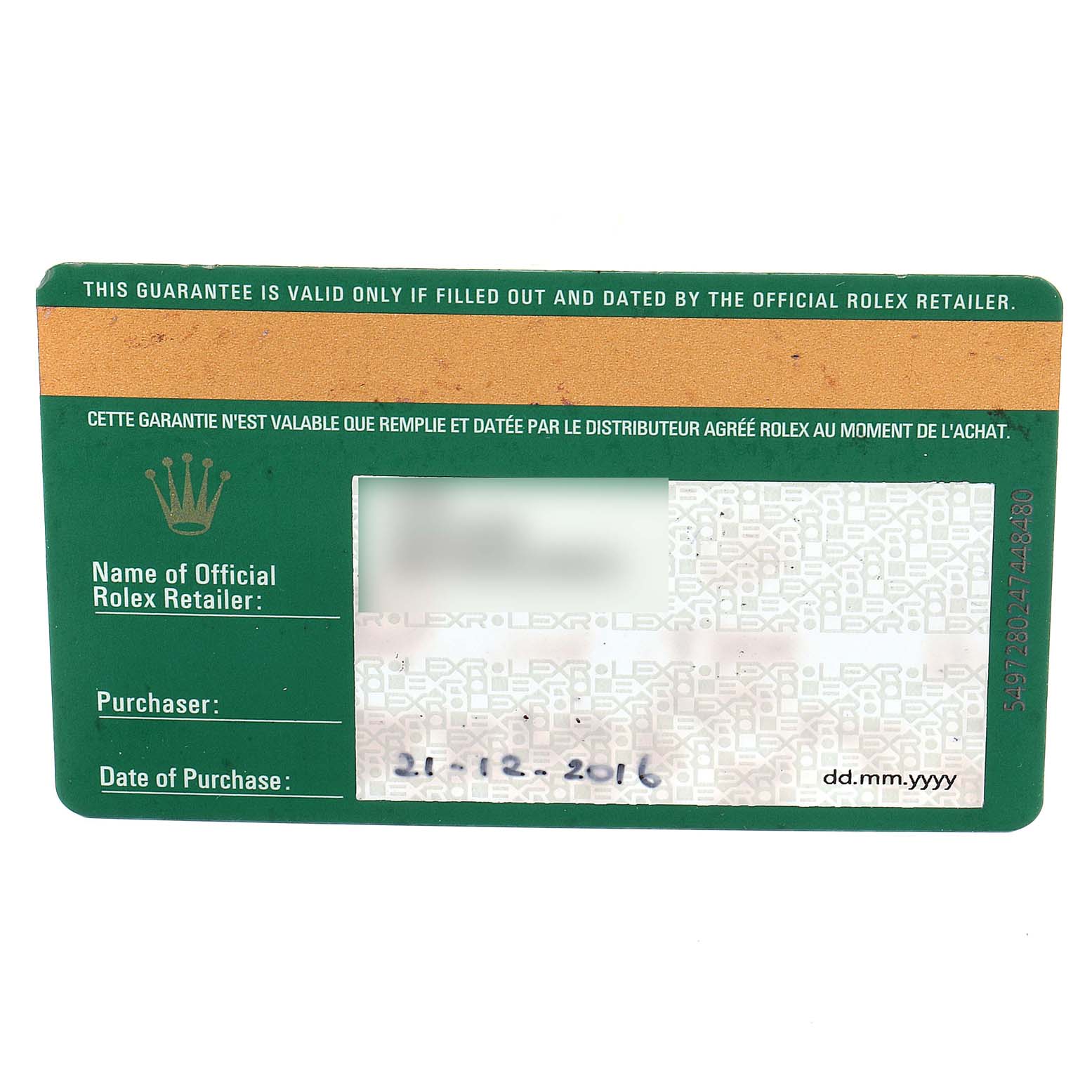 The image shows an official warranty card for the Rolex Submariner 116610LV Men
s Stainless Steel Green Dial 116610LV Men
s Stainless Steel Green Dial watch model.