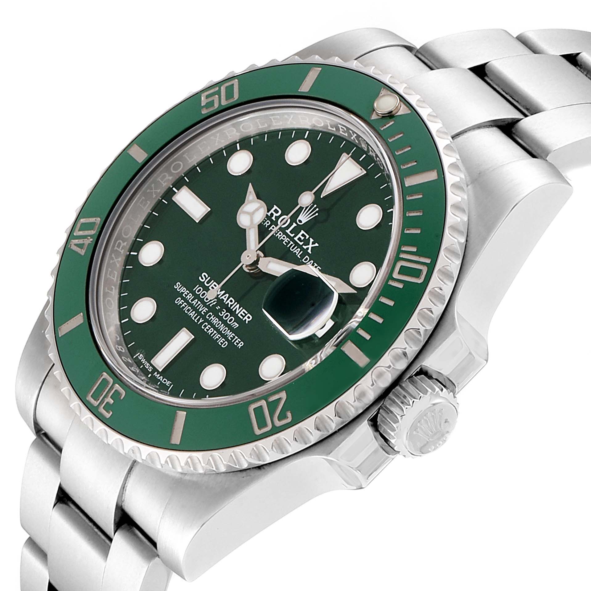 This image shows a Rolex Submariner 116610LV Men
s Stainless Steel Green Dial 116610LV Men
s Stainless Steel Green Dial watch at an angled close-up, highlighting the green bezel, dial, and part of the bracelet.