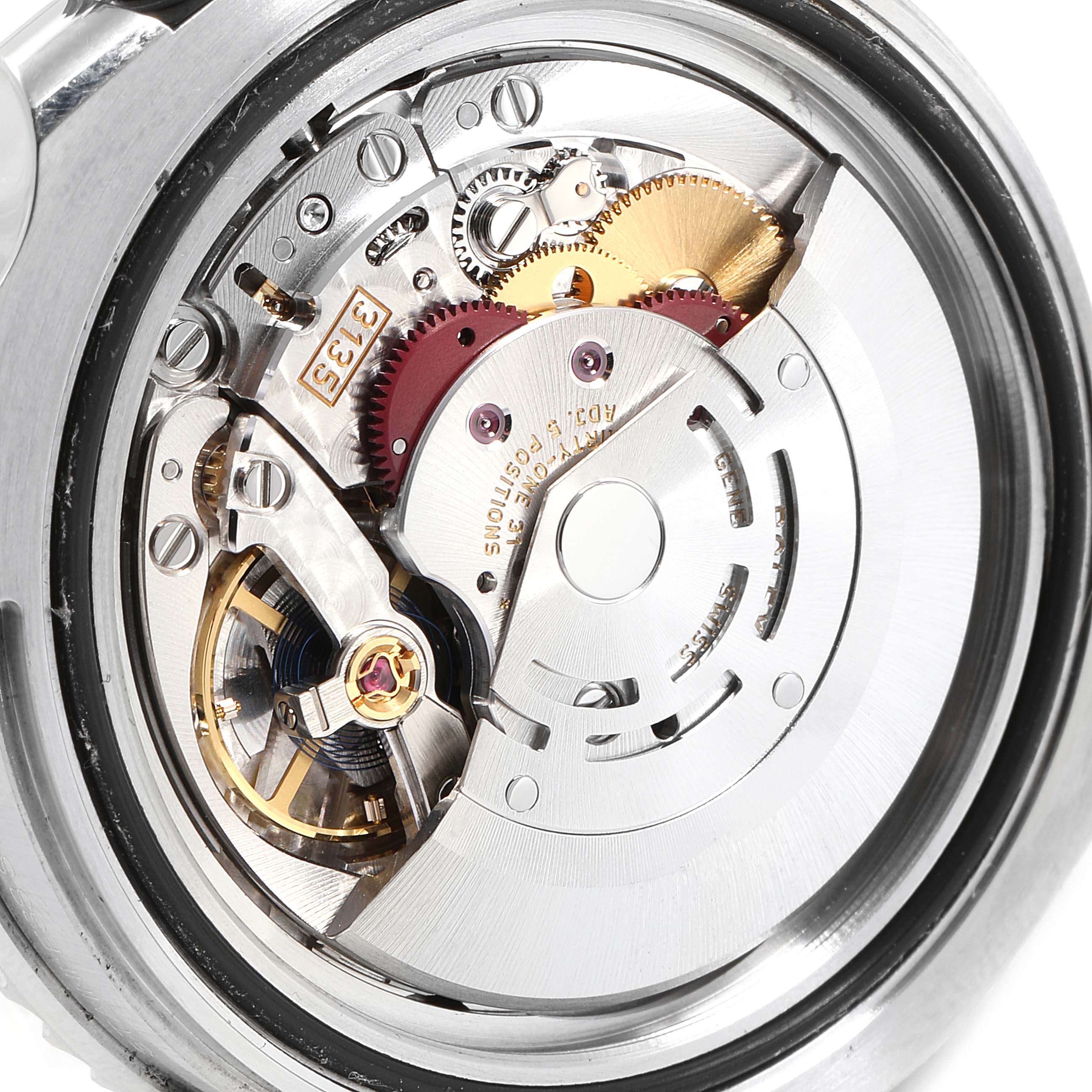 This image shows the intricate movement mechanism of a Rolex Submariner 116610LV Men
s Stainless Steel Green Dial 116610LV Men
s Stainless Steel Green Dial watch viewed from the back.