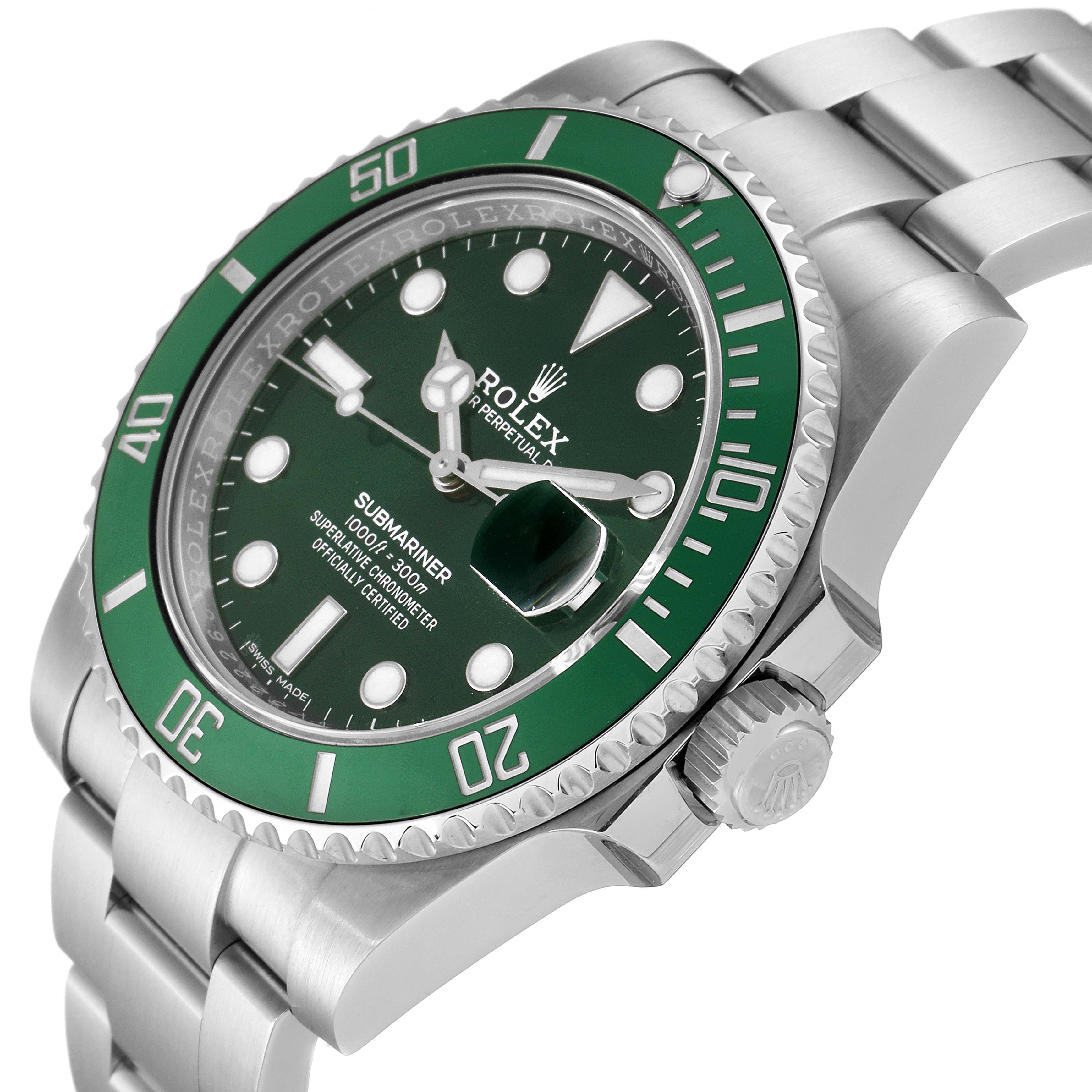 The image shows a close-up angled view of the Rolex Submariner 116610LV Men
s Stainless Steel Green Dial 116610LV Men
s Stainless Steel Green Dial watch, highlighting its green dial, bezel, and stainless steel bracelet.