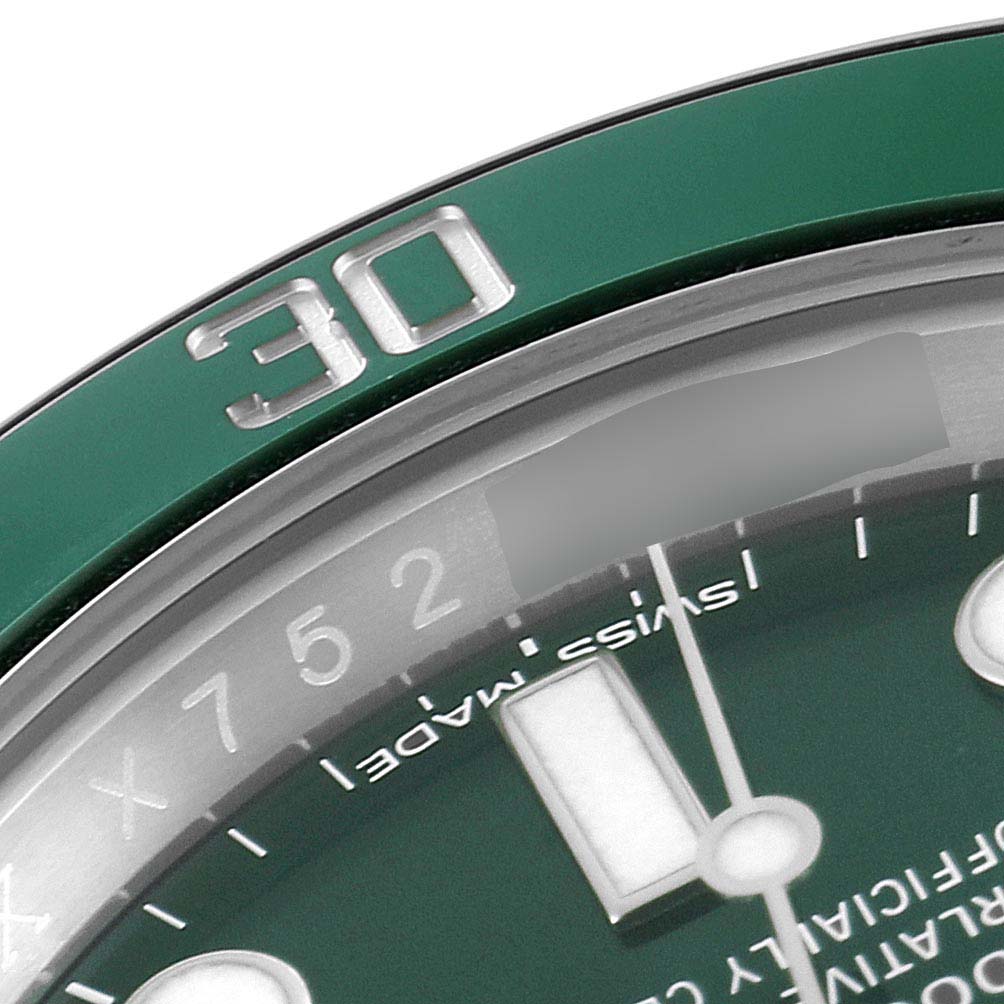 The image shows a close-up of the bezel and dial of the Rolex Submariner 116610LV Men
s Stainless Steel Green Dial 116610LV Men
s Stainless Steel Green Dial, highlighting the "30" mark and "Swiss Made" text.