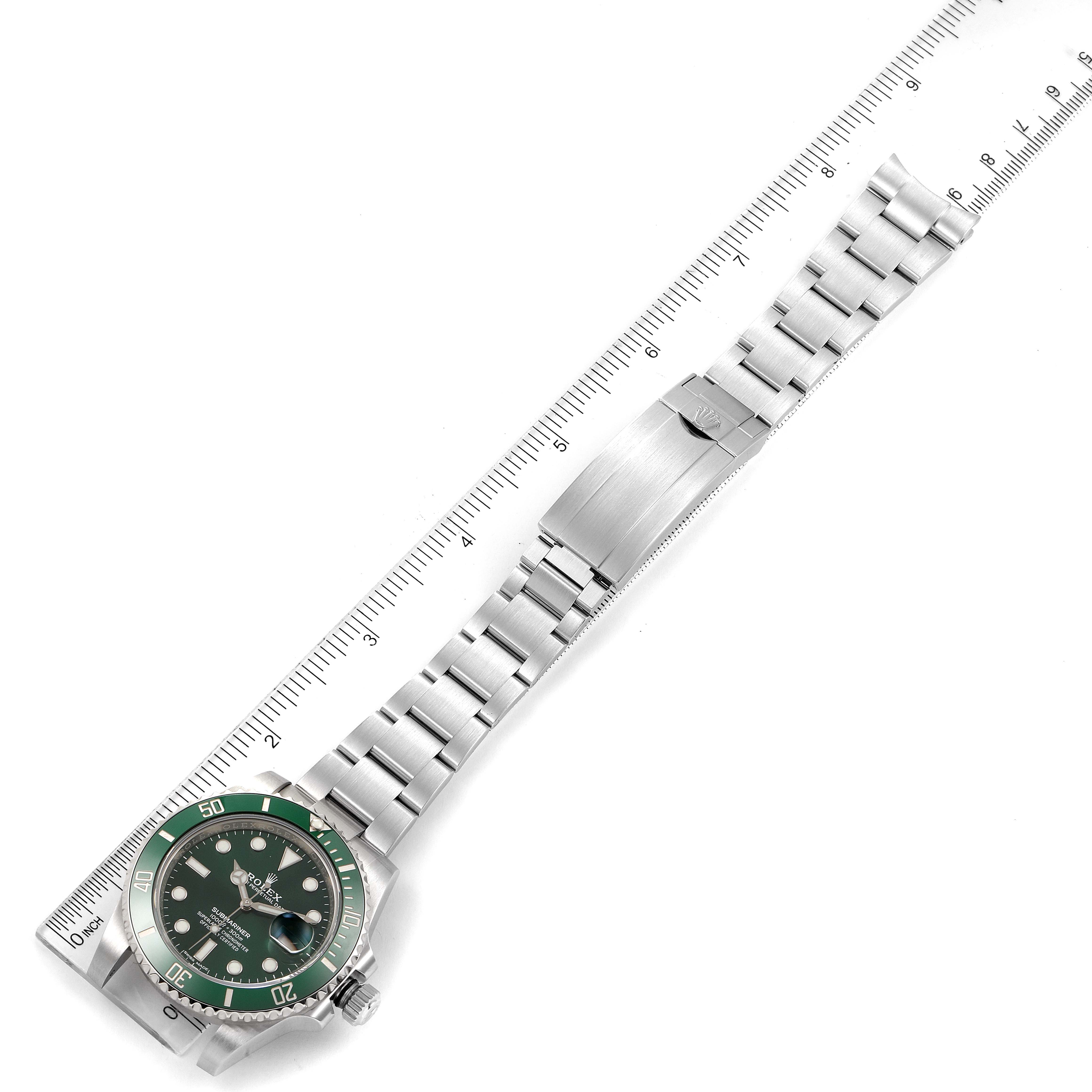 The Rolex Submariner 116610LV Men
s Stainless Steel Green Dial 116610LV Men
s Stainless Steel Green Dial watch is shown from a top-down angle, displaying the full face, bezel, bracelet, and clasp.
