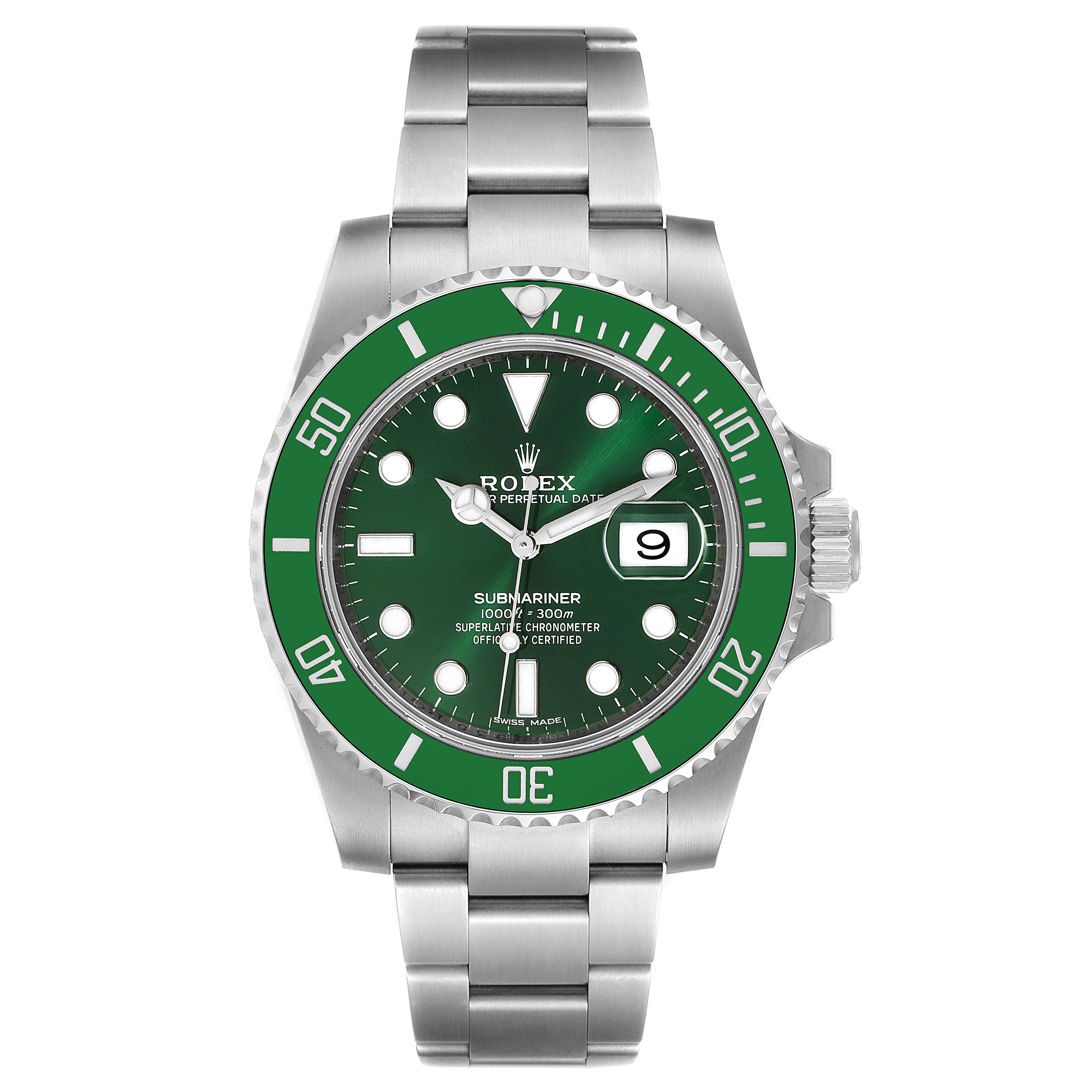This image shows a front view of a Rolex Submariner 116610LV Men
s Stainless Steel Green Dial 116610LV Men
s Stainless Steel Green Dial watch, displaying the dial, bezel, crown, and bracelet.
