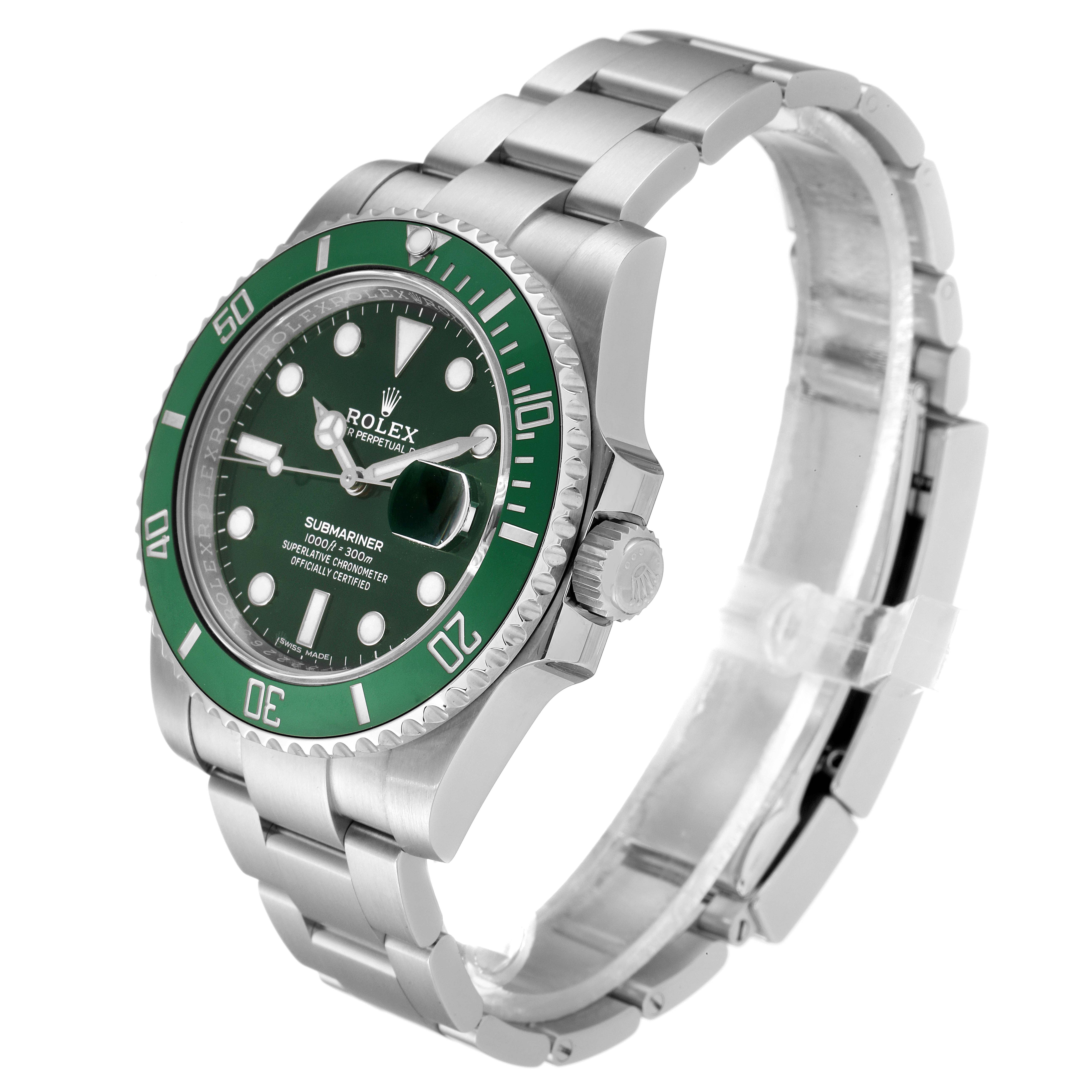 The image shows a Rolex Submariner 116610LV Men
s Stainless Steel Green Dial 116610LV Men
s Stainless Steel Green Dial watch at an angled side view, highlighting the green bezel, dial, and bracelet.
